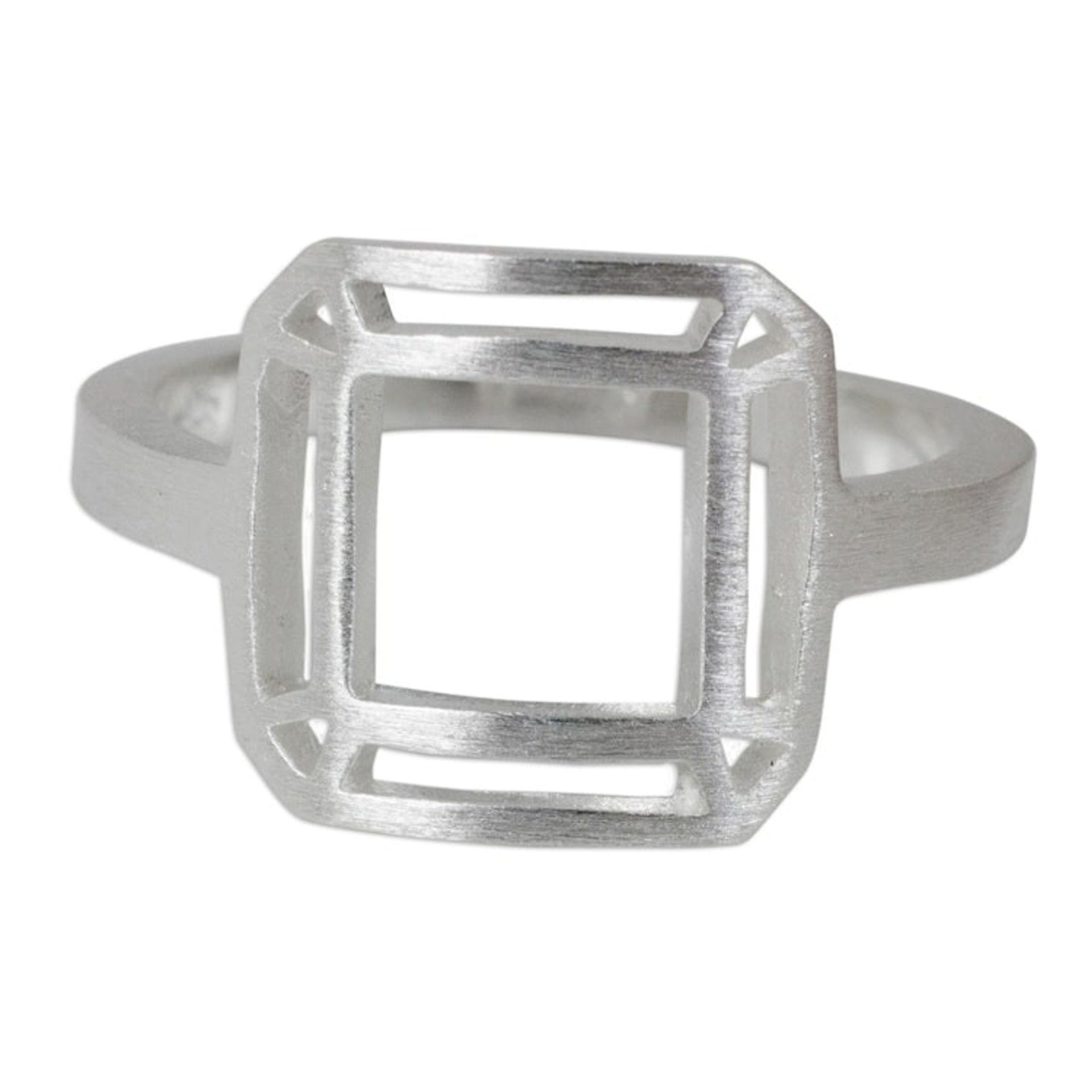 Thai Brushed Sterling Silver Geometric Cocktail Ring 'Satin Window'