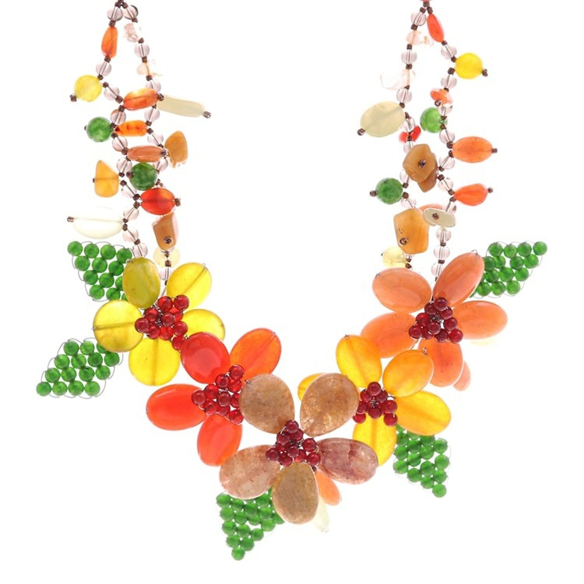 Warm and Green-Toned Floral Multi-Gemstone Beaded Necklace 'Summer Petals'
