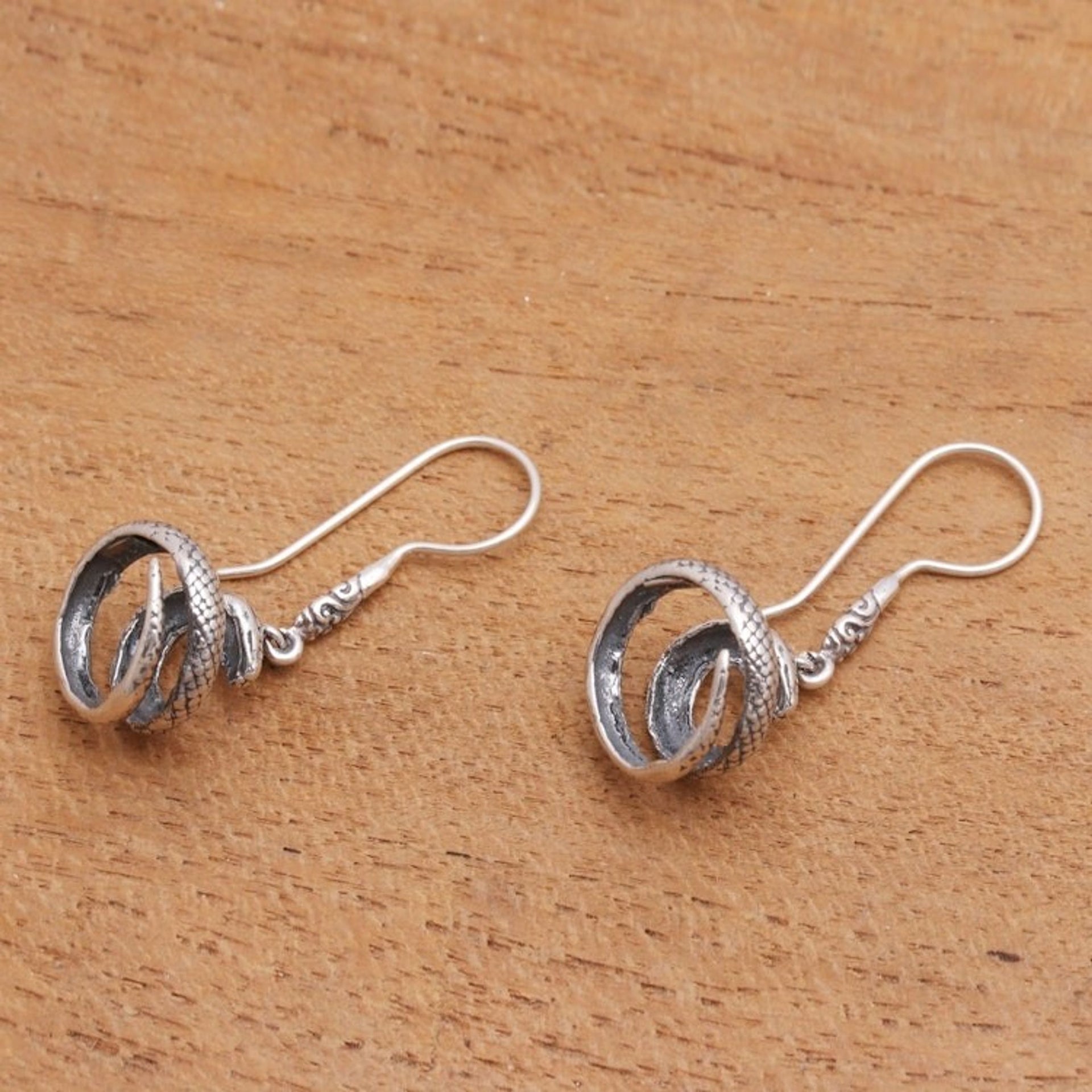 Sterling Silver Snake Dangle Earrings Crafted in Bali 'Protective Cobras'