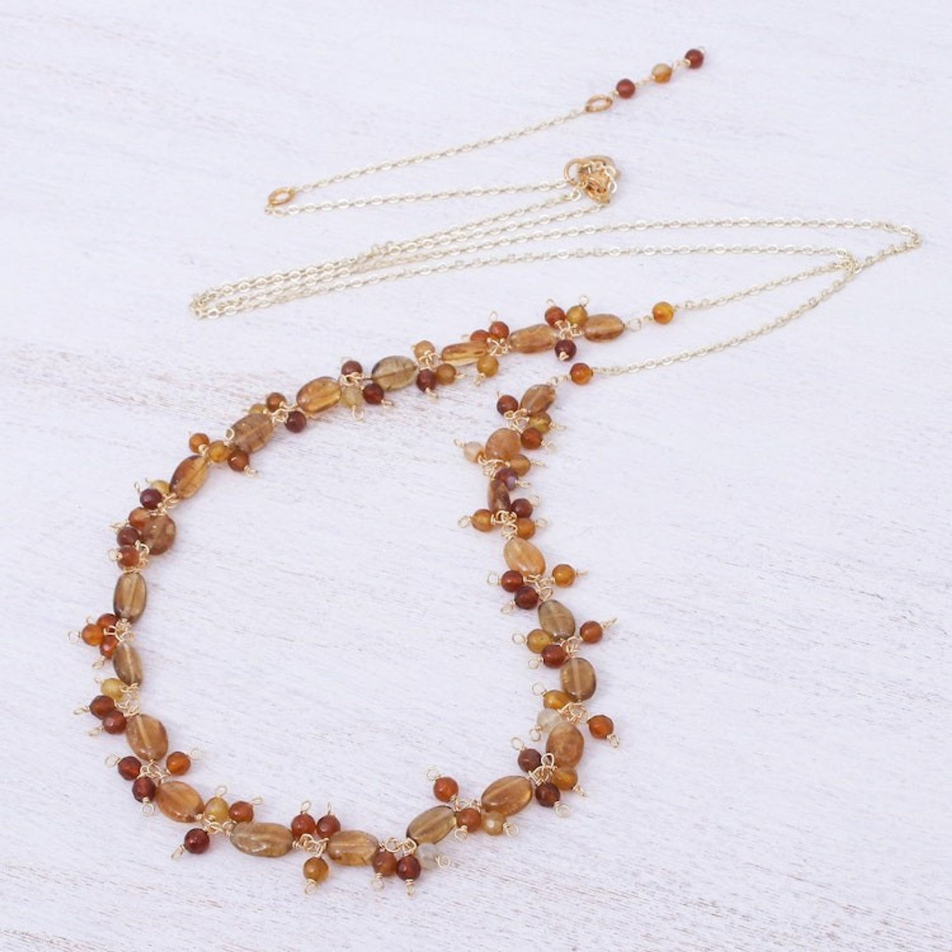 Gold Plated Necklace with Quartz and Citrine Beads 'Sunset Mood in Orange'