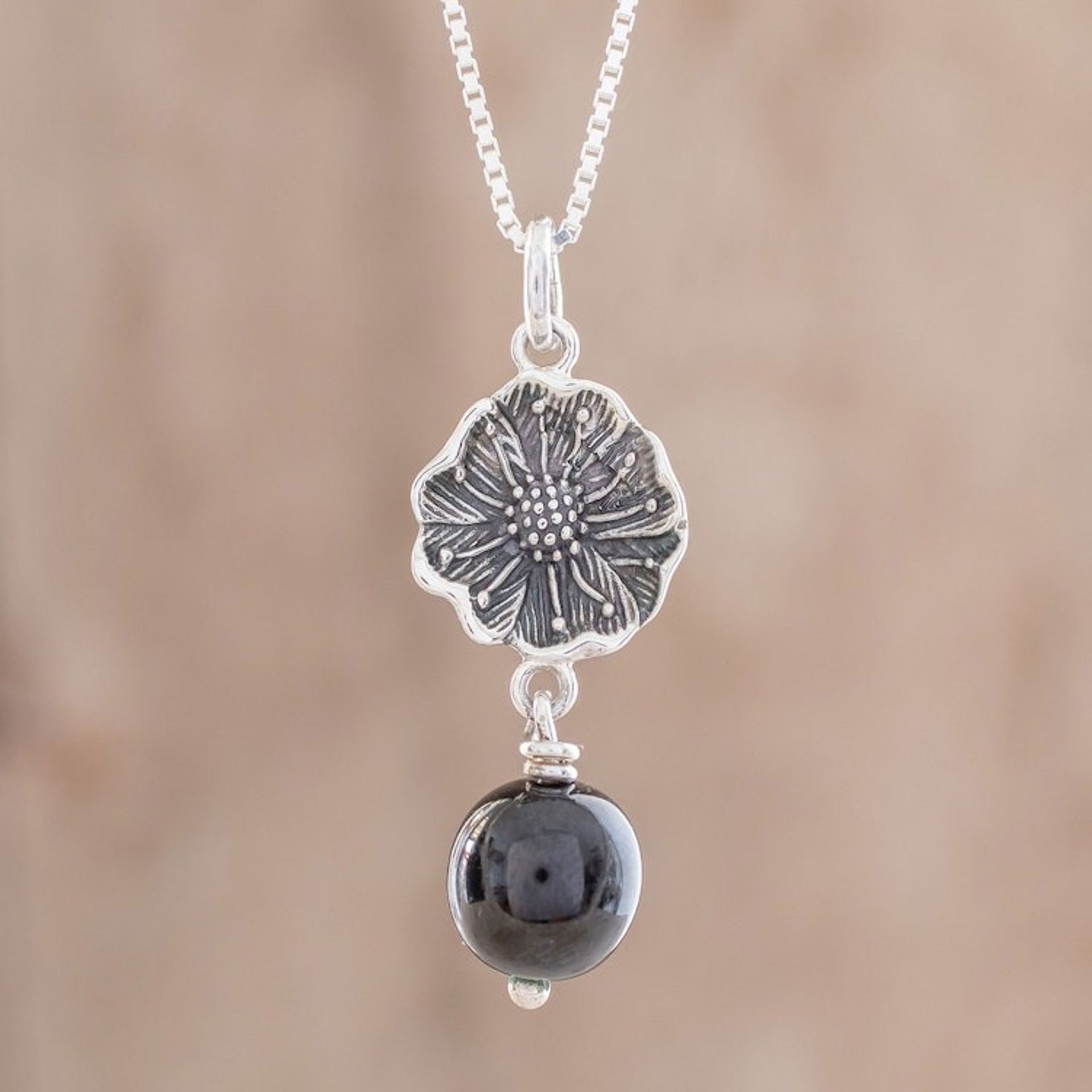 Floral Black Jade Pendant Necklace from Guatemala 'Guatemalan Flower'