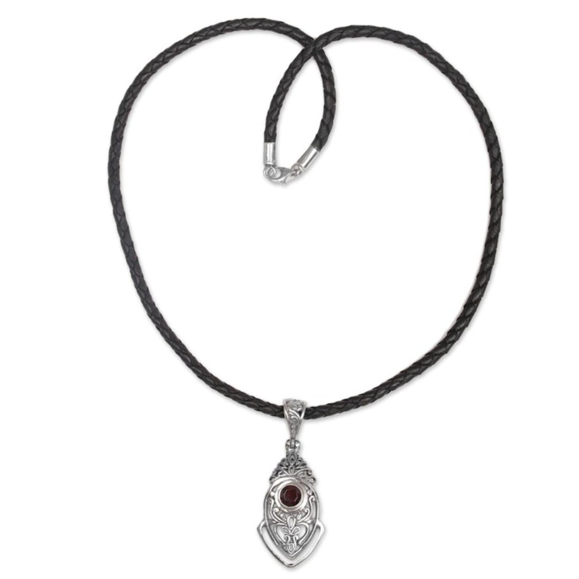 Sterling Silver and Garnet Pendant Necklace from Indonesia 'Bali Amulet in Red'