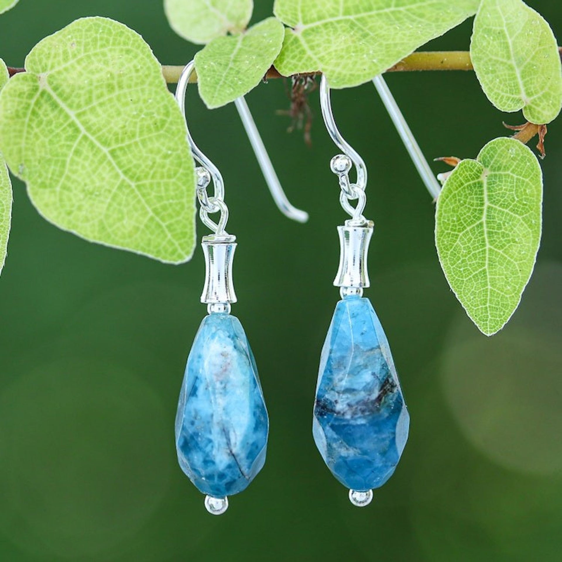 Sterling Silver Dangle Earrings with Faceted Apatite Stones 'Teal Dew Drop'