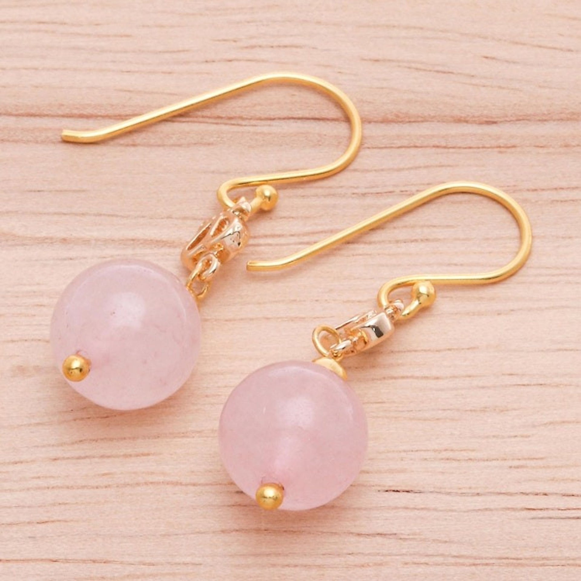 Gold-Plated Sterling Silver and Rose Quartz Dangle Earrings 'Sweet Throne'