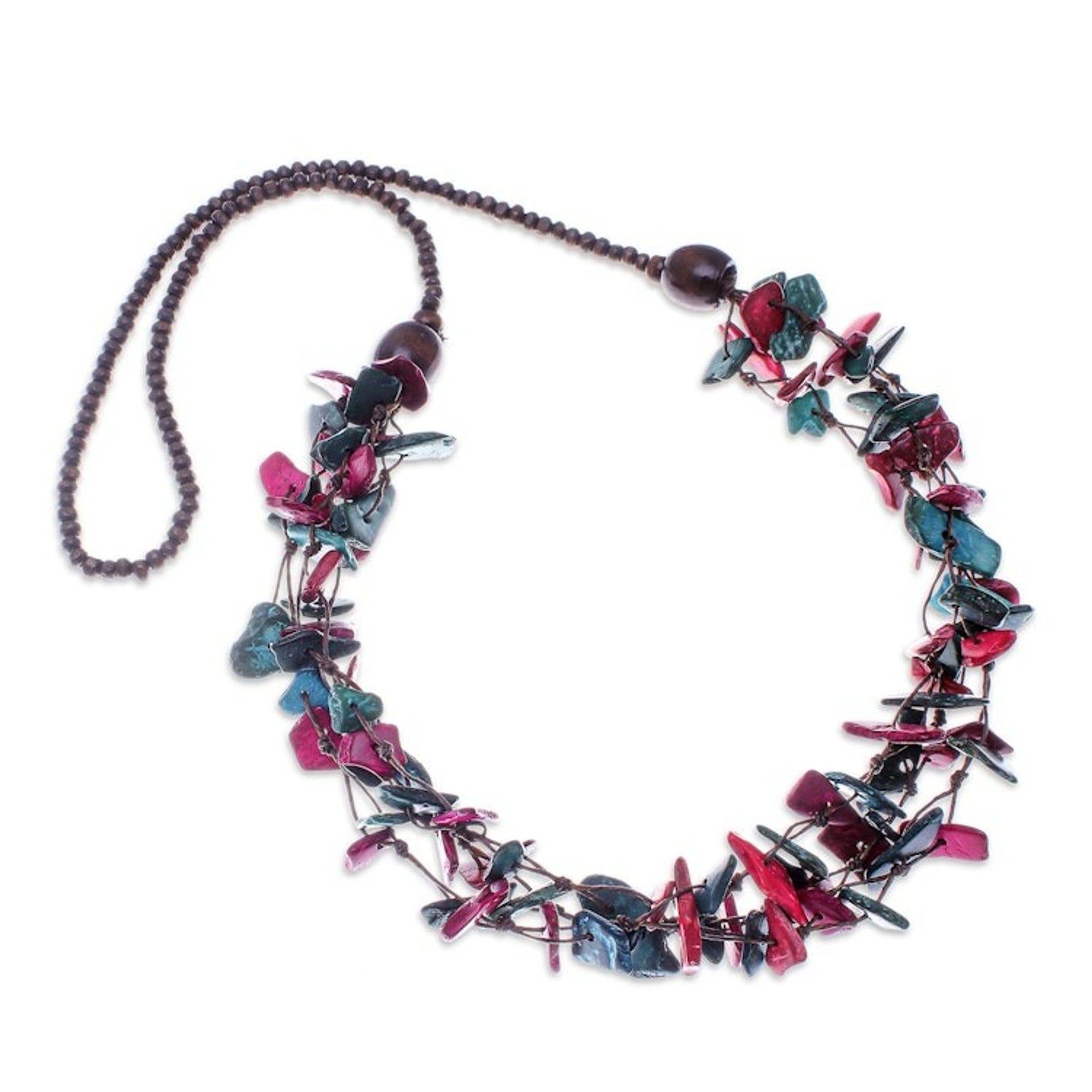 Painted Turquoise and Fuchsia Beaded Three-Strand Necklace 'Fragments of Fantasy'