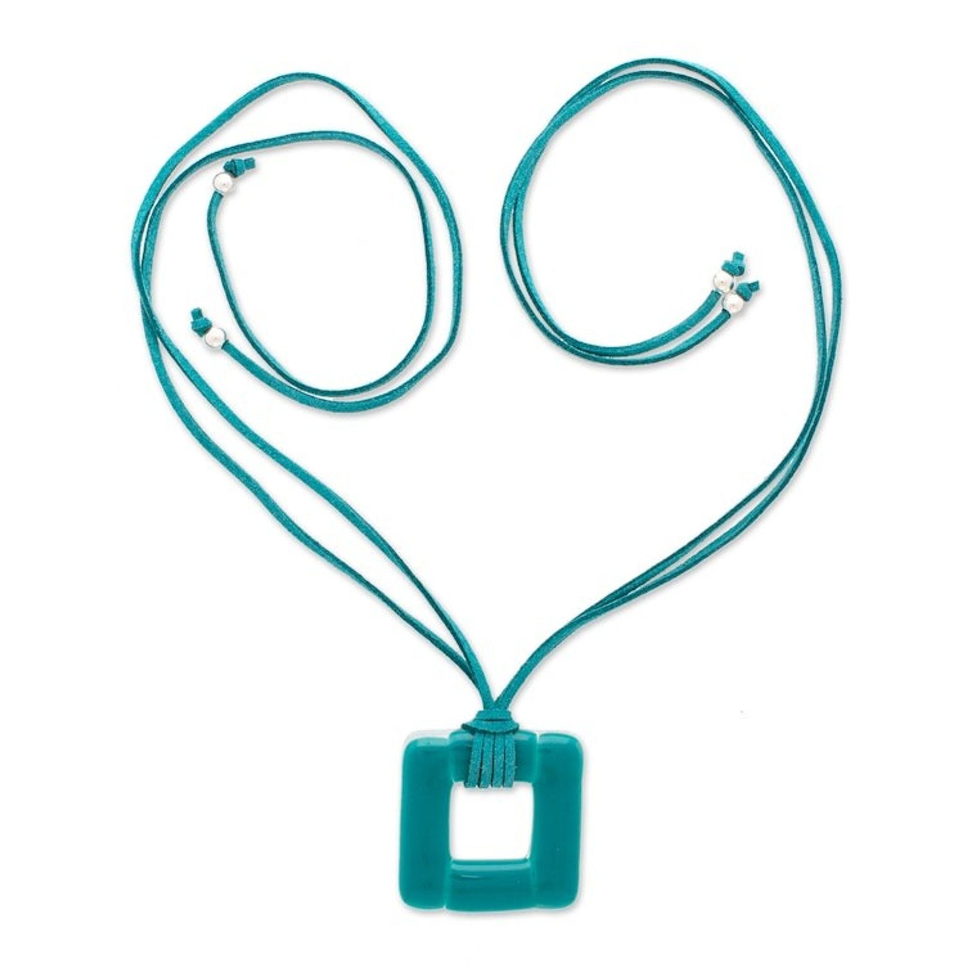 Modern Fused Art Glass Square Pendant Necklace in Teal Shade 'Teal Square'