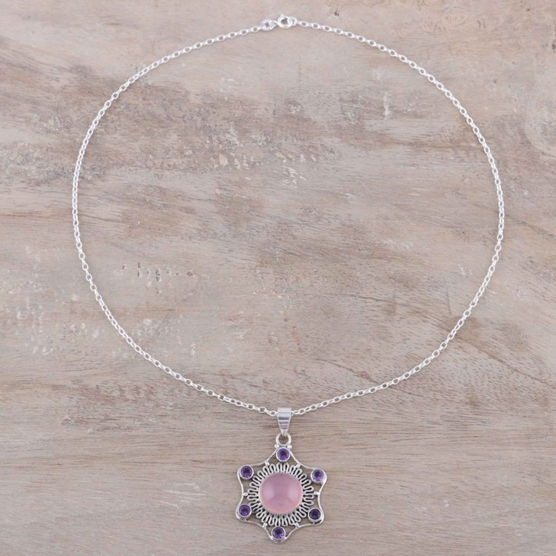 Pink Chalcedony and Amethyst Pendant Necklace from India 'Charismatic Beauty'