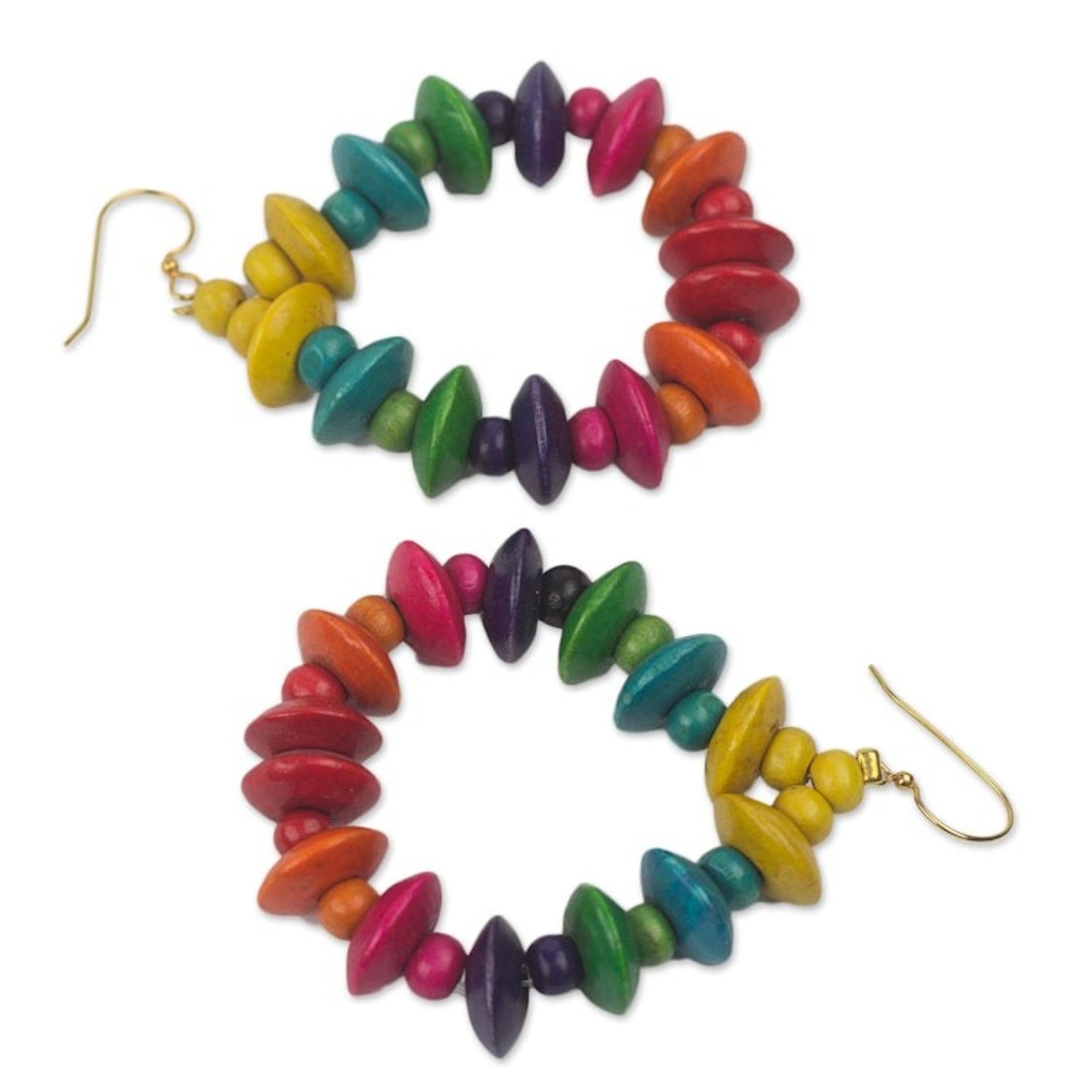 Colorful Fair Trade Beaded Wood Dangle Earrings from Ghana 'Joyous Celebration'