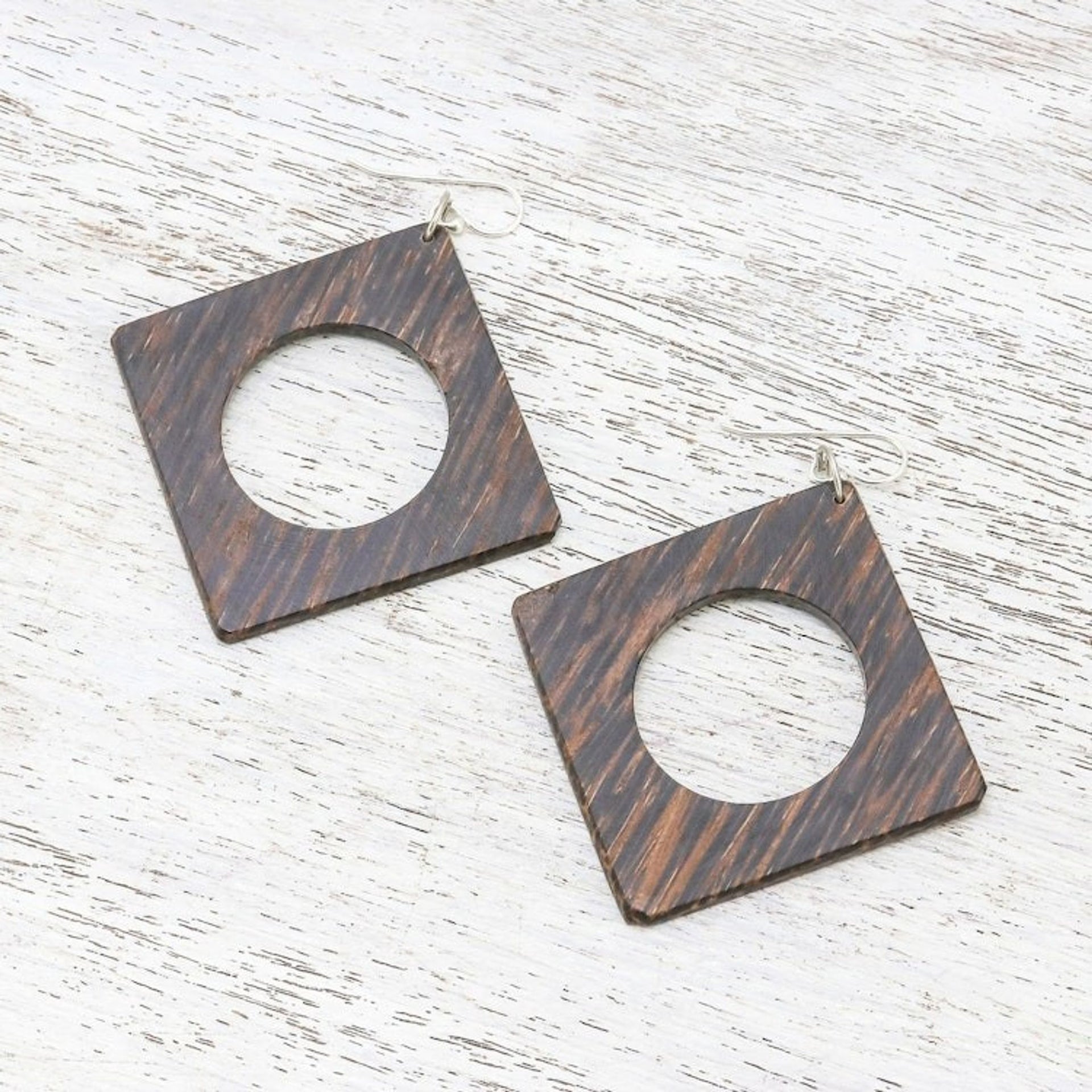 Square Dark Lontar Wood Dangle Earrings from Thailand 'Dark Brown Natural Creativity'