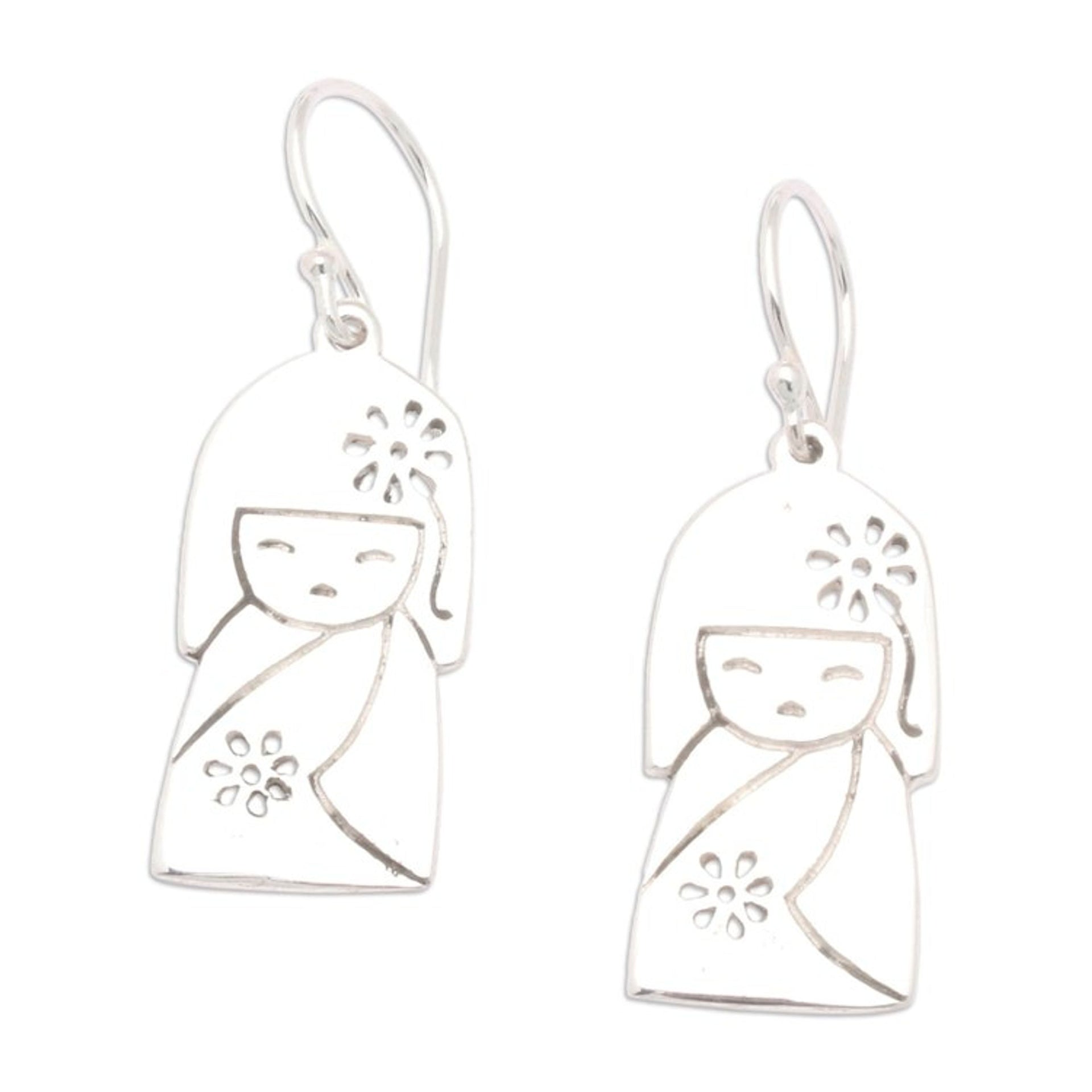 Jizo Girl-Themed Sterling Silver Dangle Earrings from Bali 'Jizo Spirit'