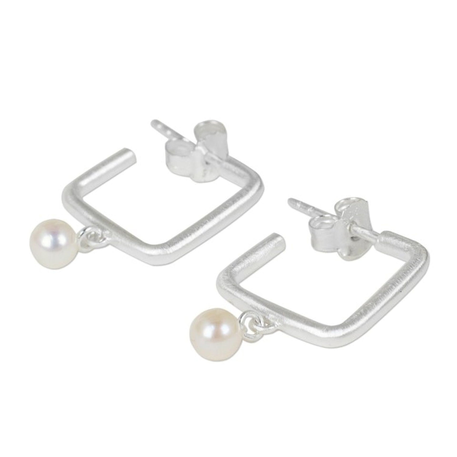 Cultured Pearl and Brushed Satin Silver Half Hoop Earrings 'Femininity Squared'