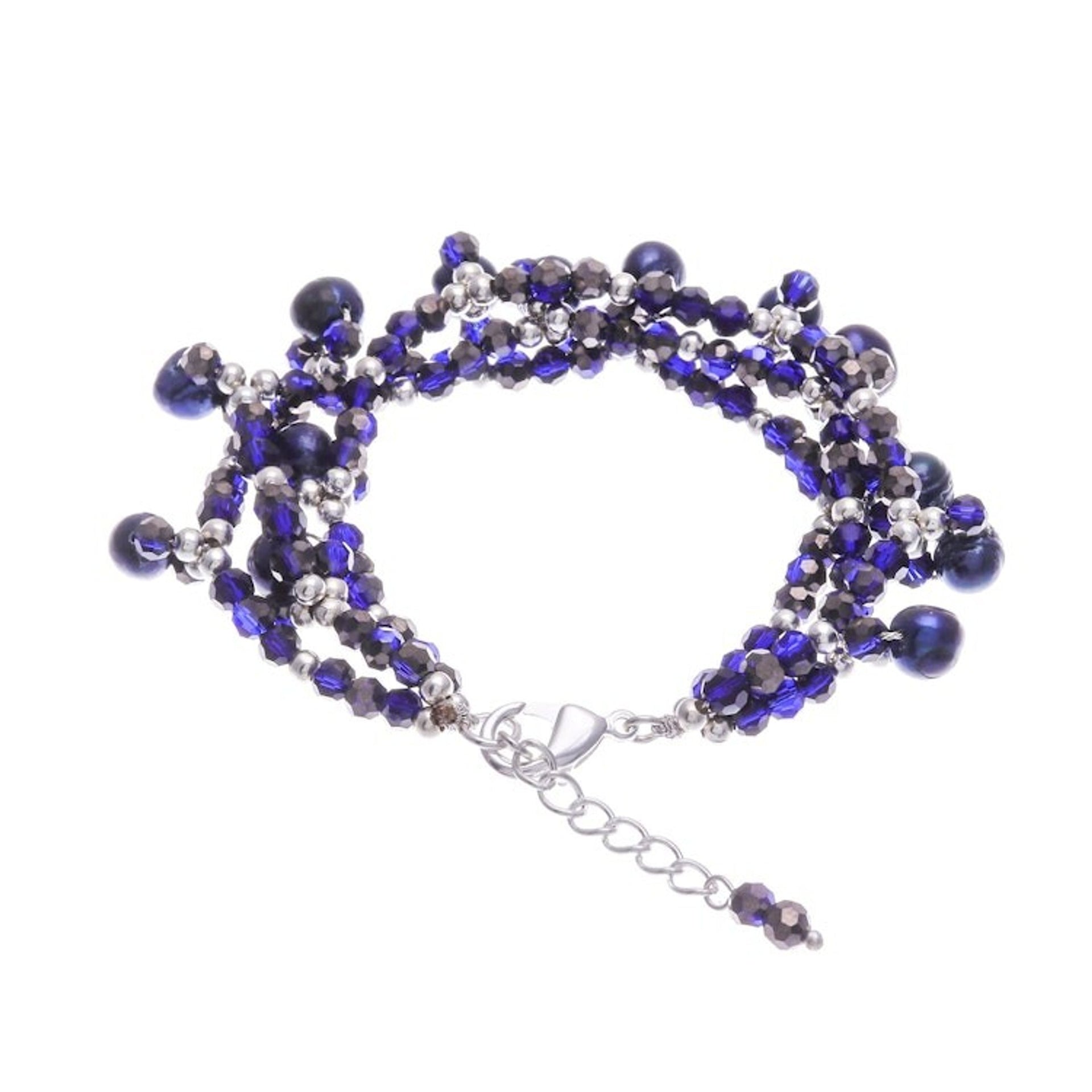 Blue Cultured Pearl Beaded Bracelet with Silver Accents 'Wonderful Blue'