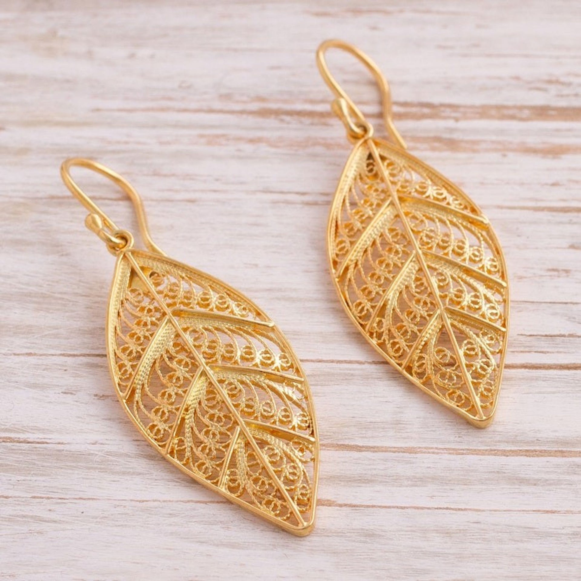 24k Gold Plated Sterling Silver Filigree Dangle Earrings 'Mystery of the Forest'