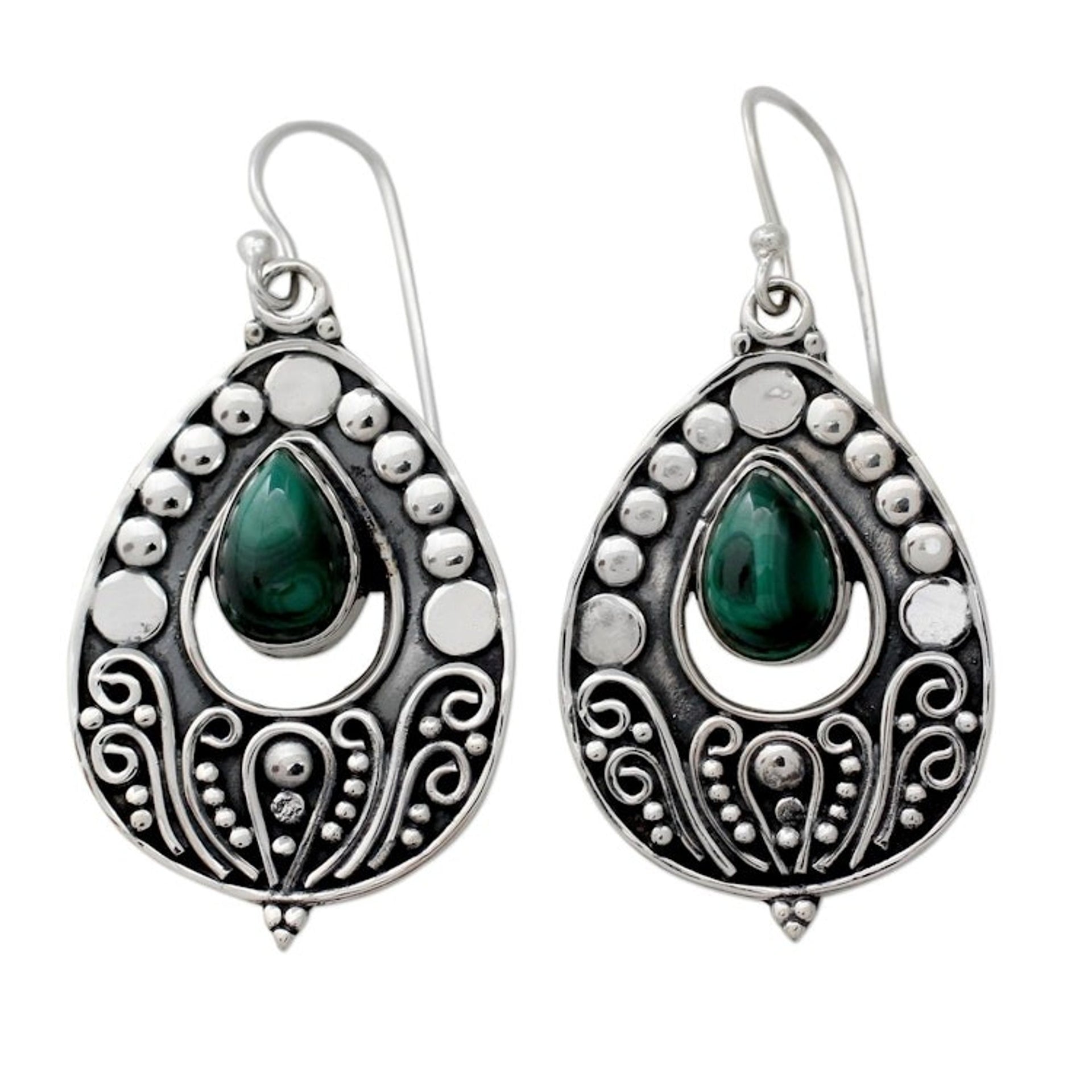 Ornate Sterling Silver Dangle Earrings with Malachite 'Jaipuri Princess'