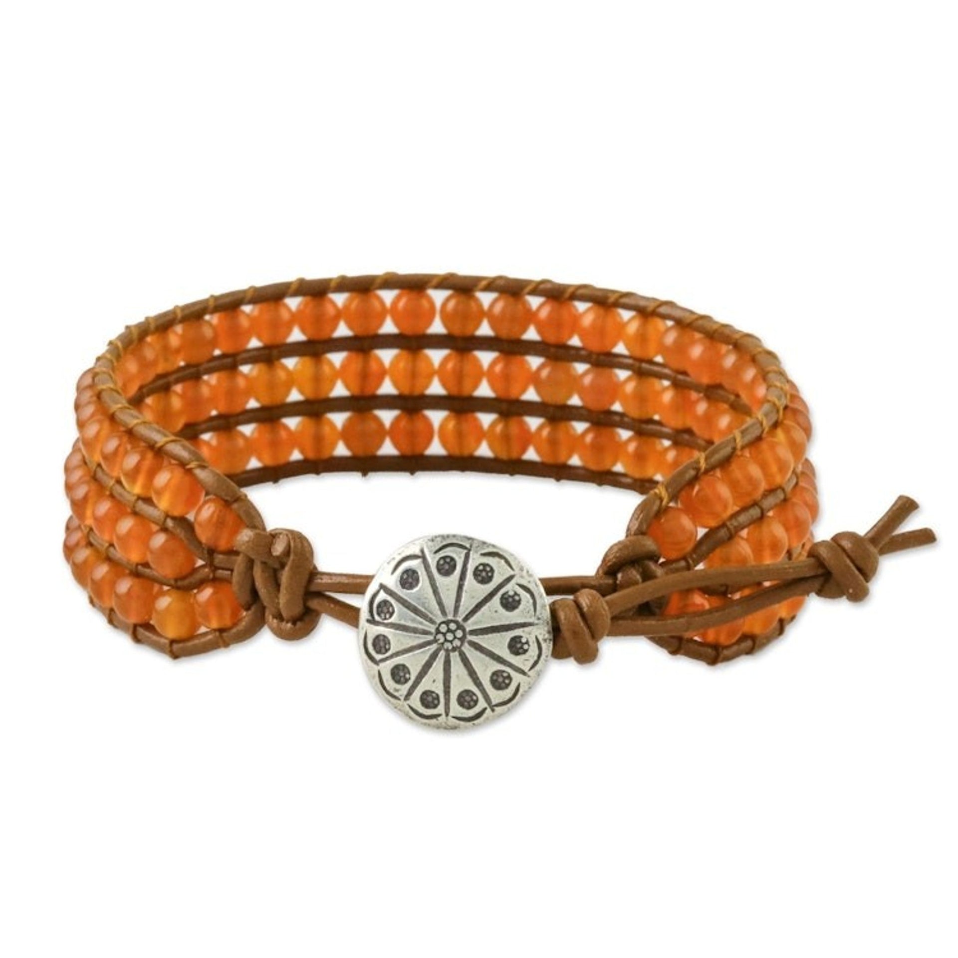 Carnelian Bead and Karen Silver Button Wristband Bracelet 'Sunlit Dawn'