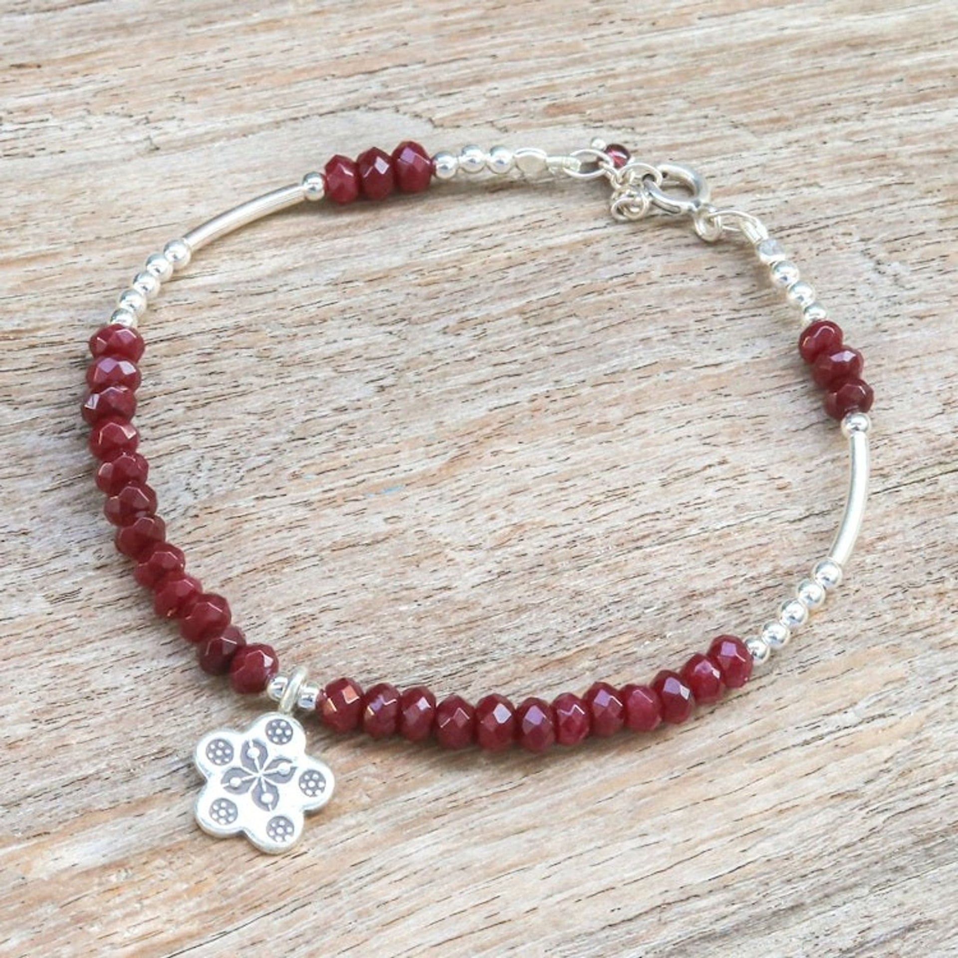 Floral Garnet Beaded Bracelet from Thailand 'Karen Glisten'