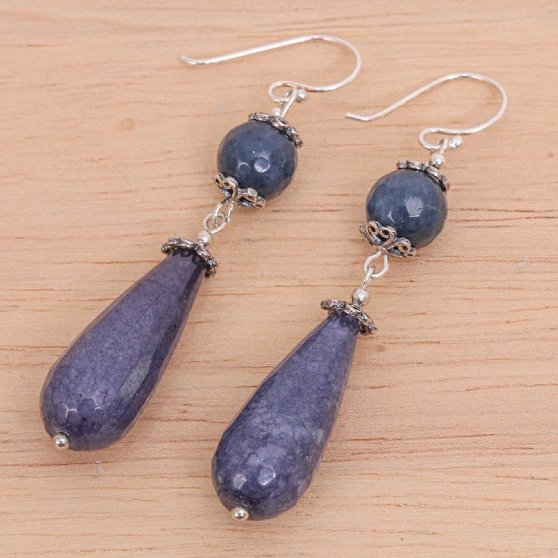 Hand Threaded Blue Agate Dangle Earrings from Thailand 'Midnight Rain'