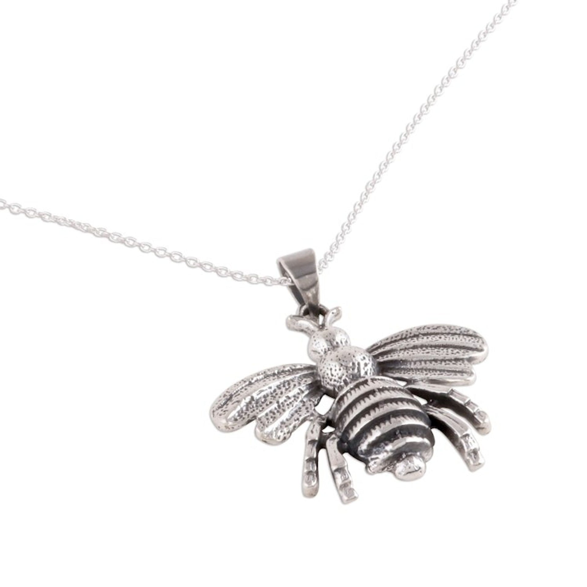 Sterling Silver Bee Pendant Necklace from India 'Humming Bee'