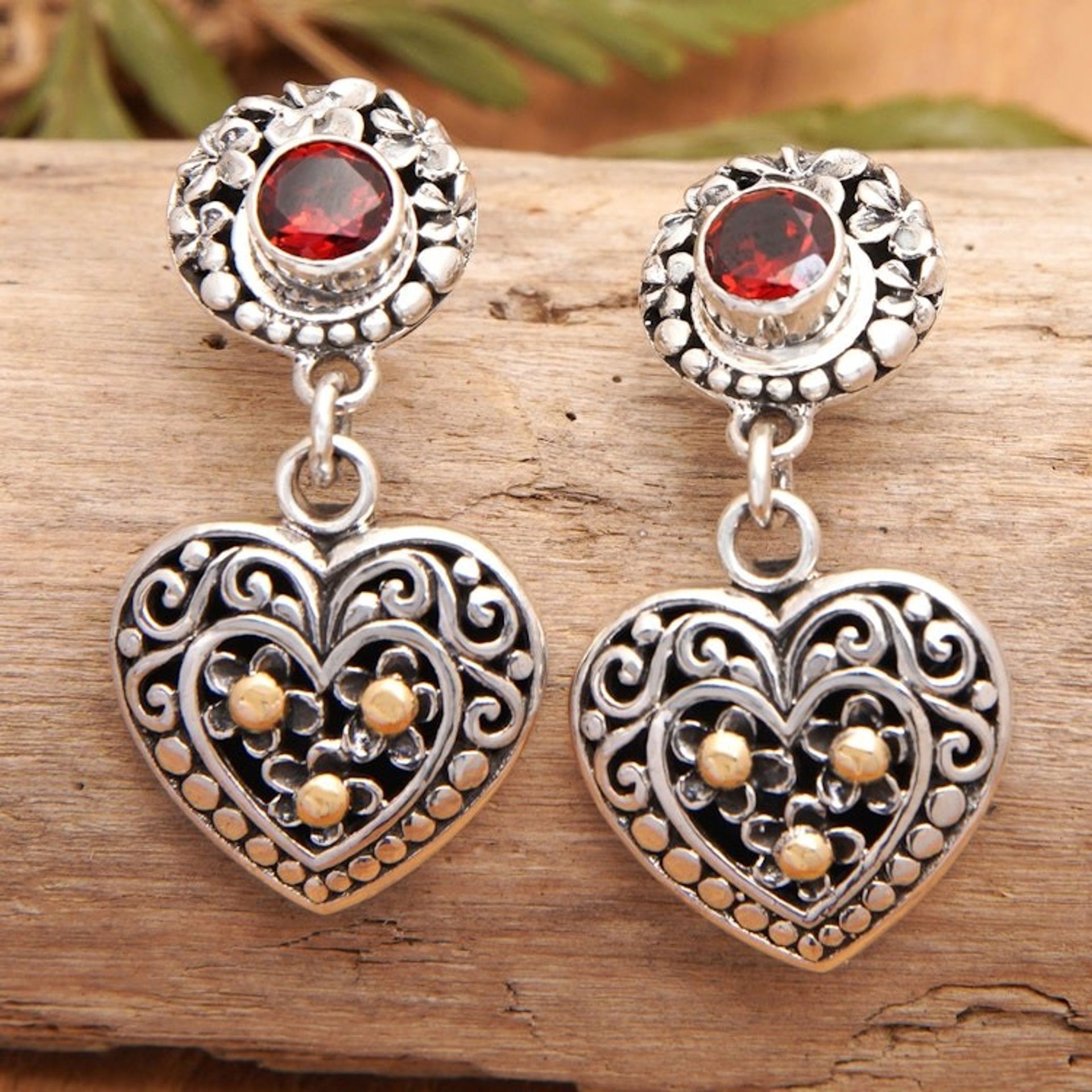 925 Silver Heart Dangle Earrings with Garnet Gold Accents 'Frangipani Heart'