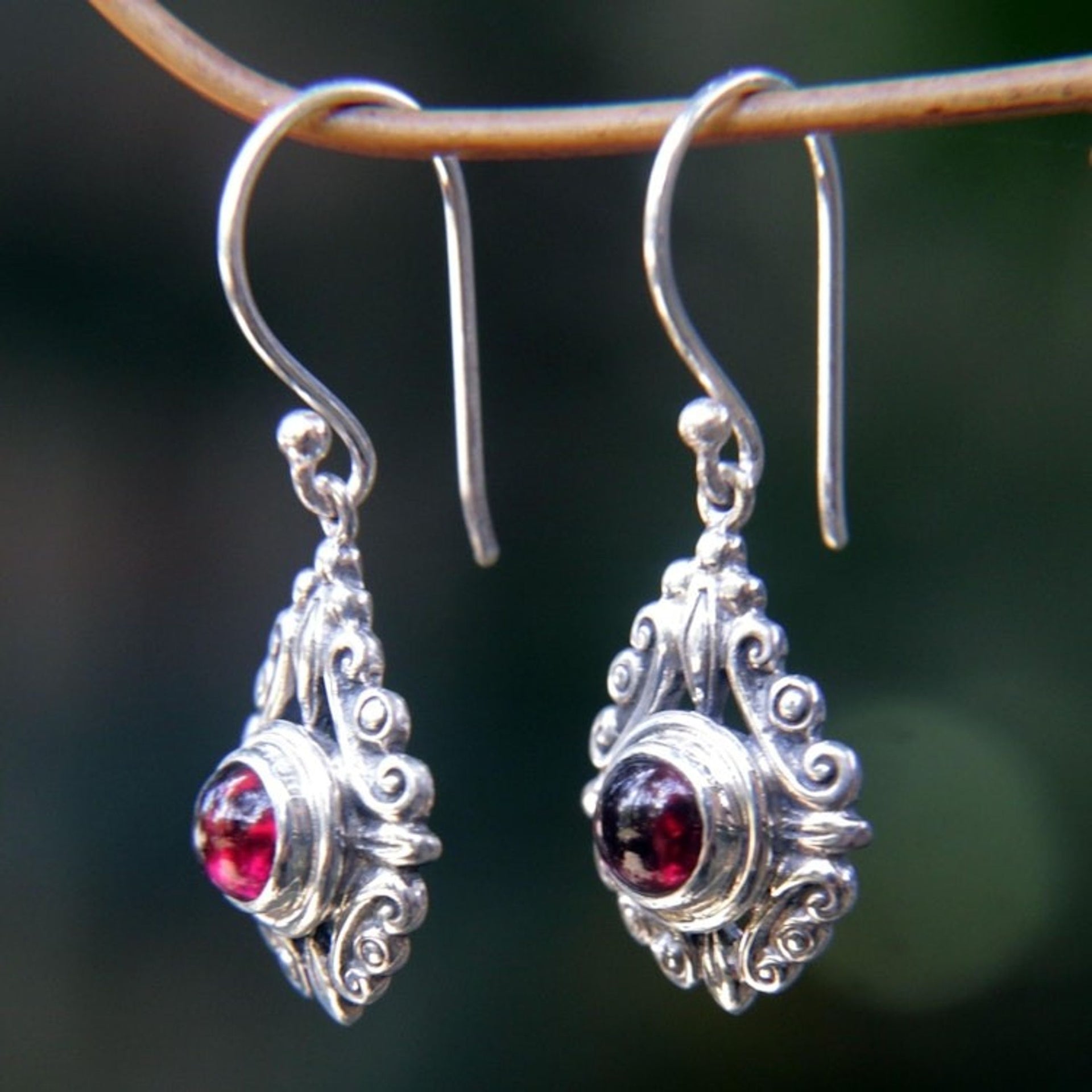 Sterling Silver Garnet Dangle Earrings 'Heart of Peace'