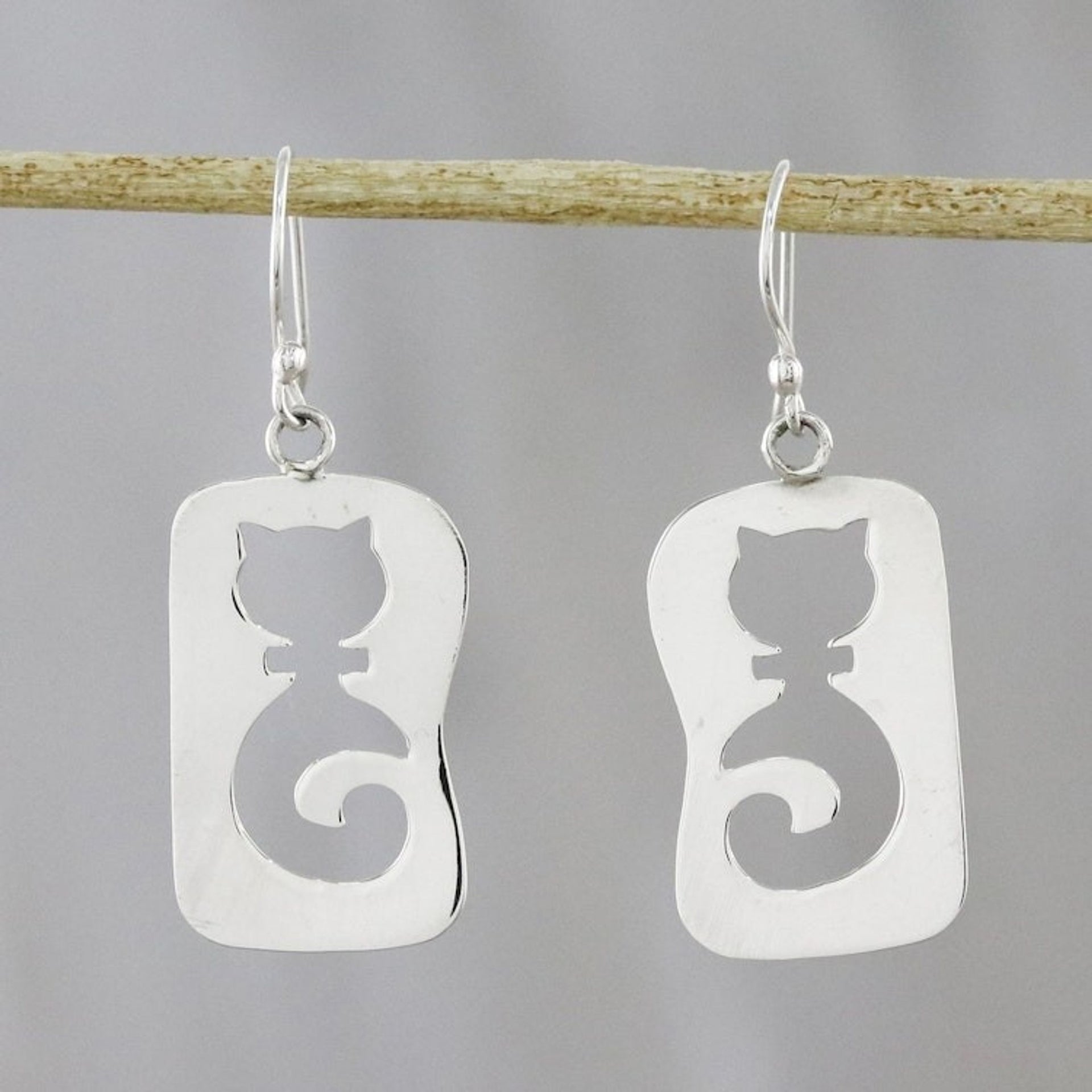 Cat-Themed Sterling Silver Dangle Earrings from Thailand 'Feline Silhouettes'