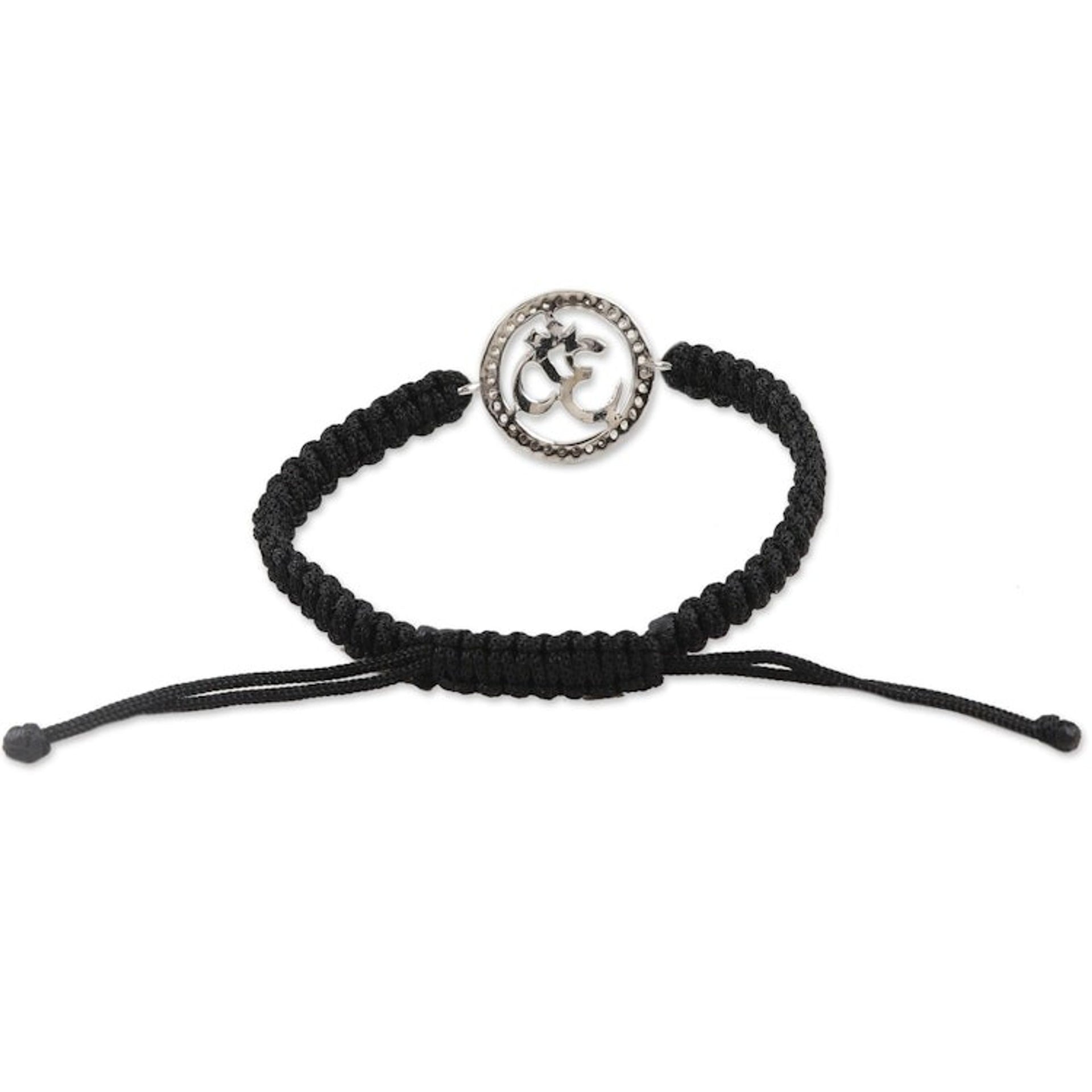 Black Macrame Cord Bracelet with Om Pendant and Gems 'Bonds of Enlightenment'