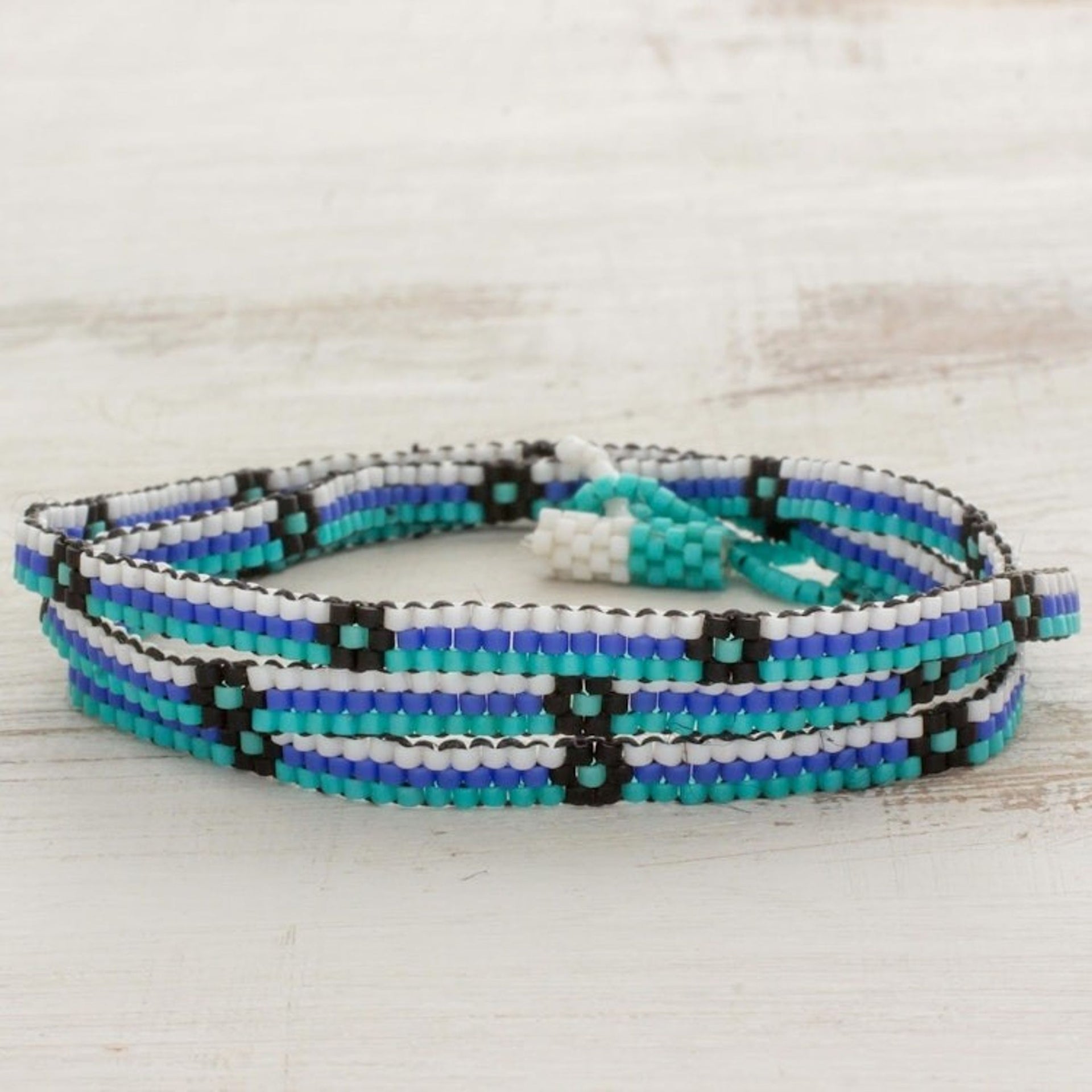 Blue and Black Flower and Stripes Beaded Wrap Bracelet 'Ocean Blooms'