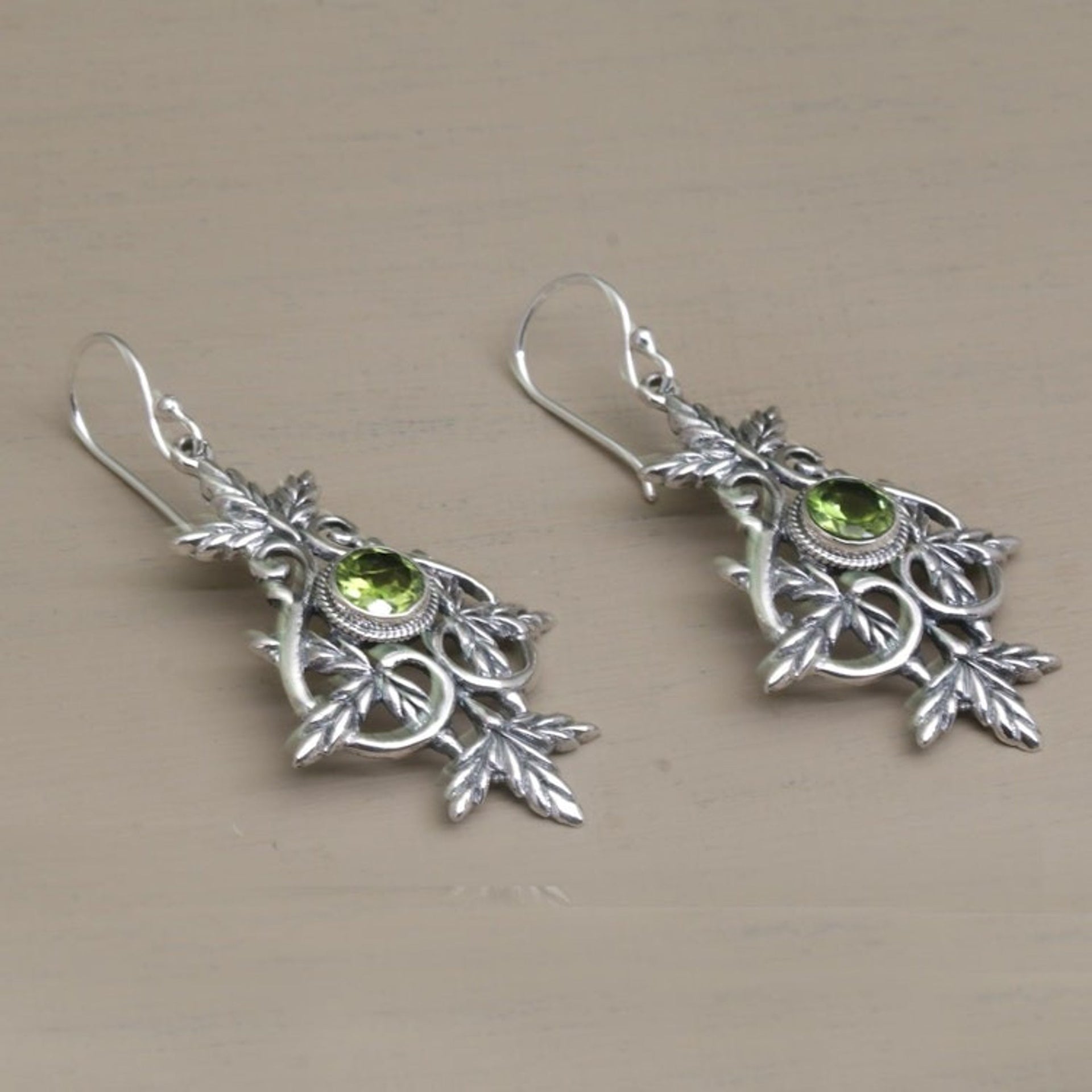 Sterling Silver and Peridot Leaf Dangle Earrings 'Marvelous Vintage'