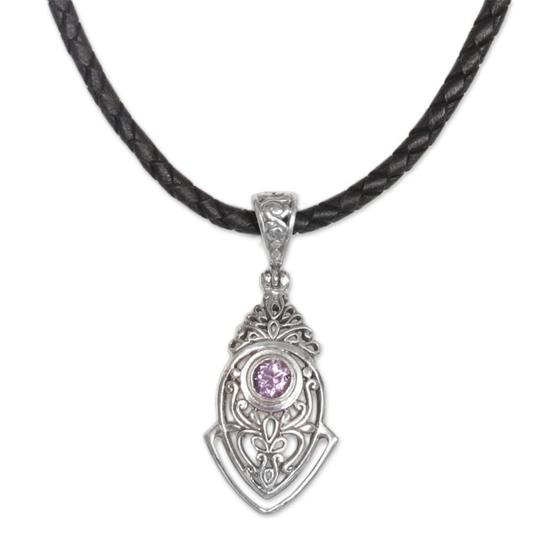 Sterling Silver and Amethyst Pendant Necklace from Indonesia 'Bali Amulet in Purple'