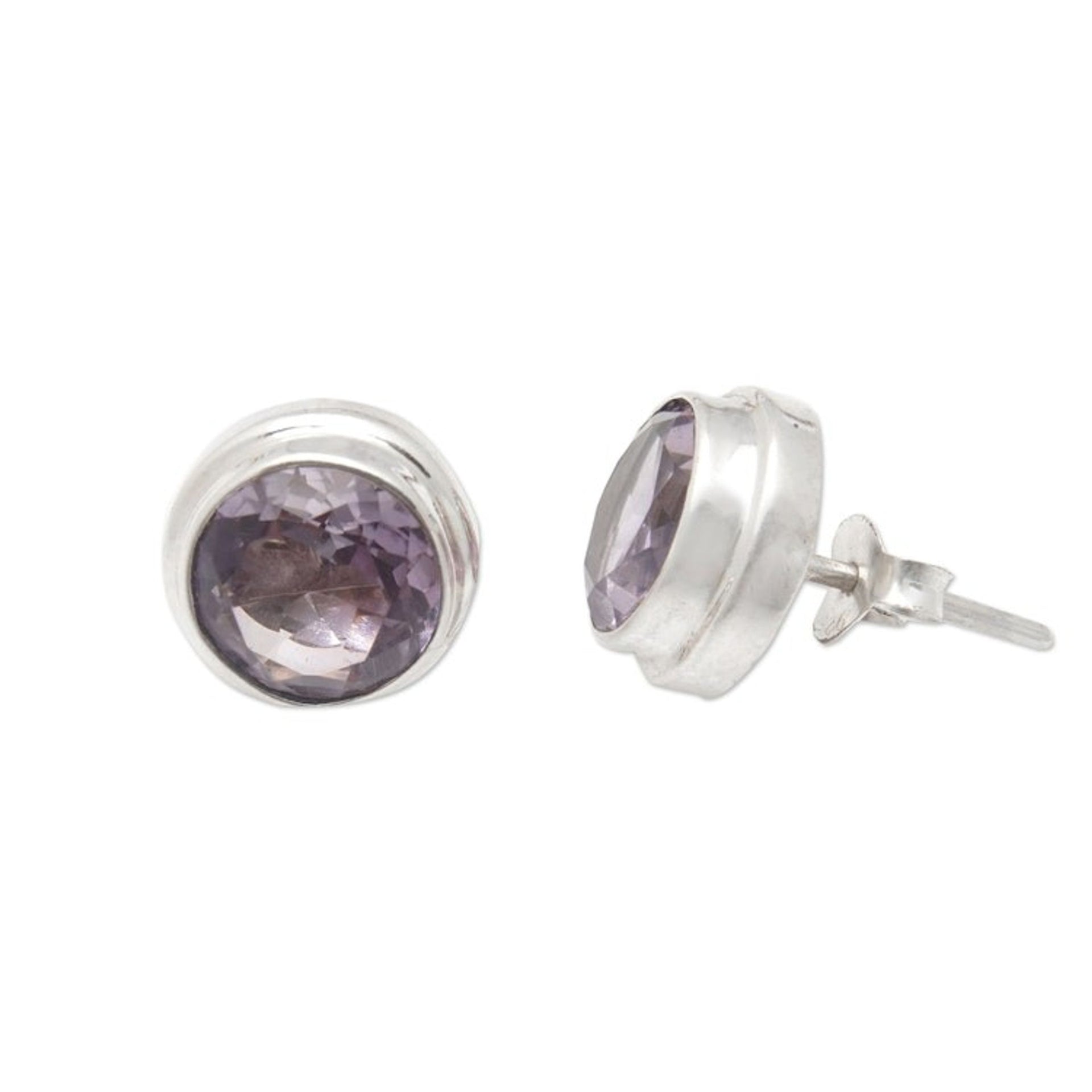 Polished Classic Sterling Silver Stud Earrings with Amethyst 'Purple Divine Feminineness'