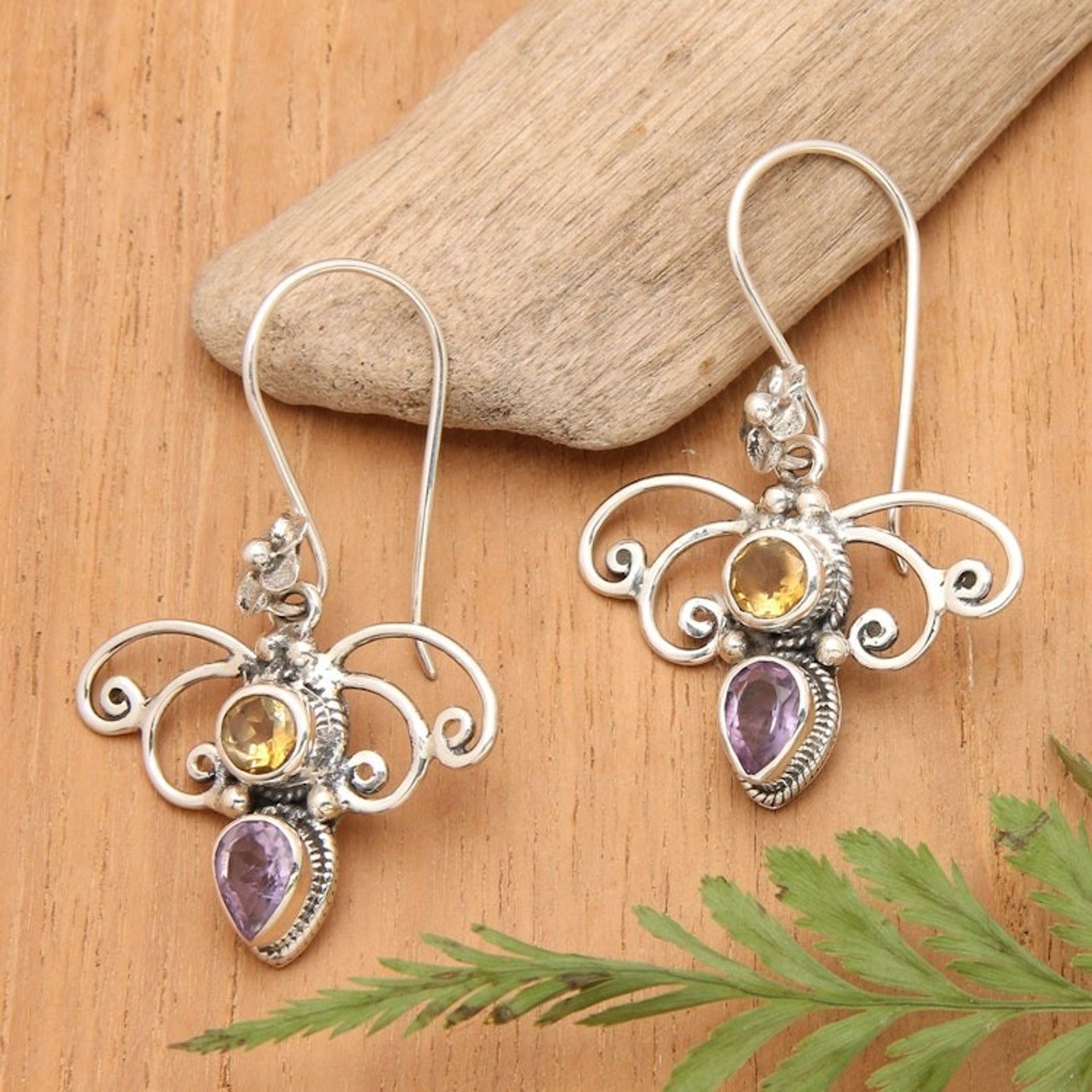 Citrine and Amethyst Spiral Dangle Earrings from Bali 'Manggar Flowers'