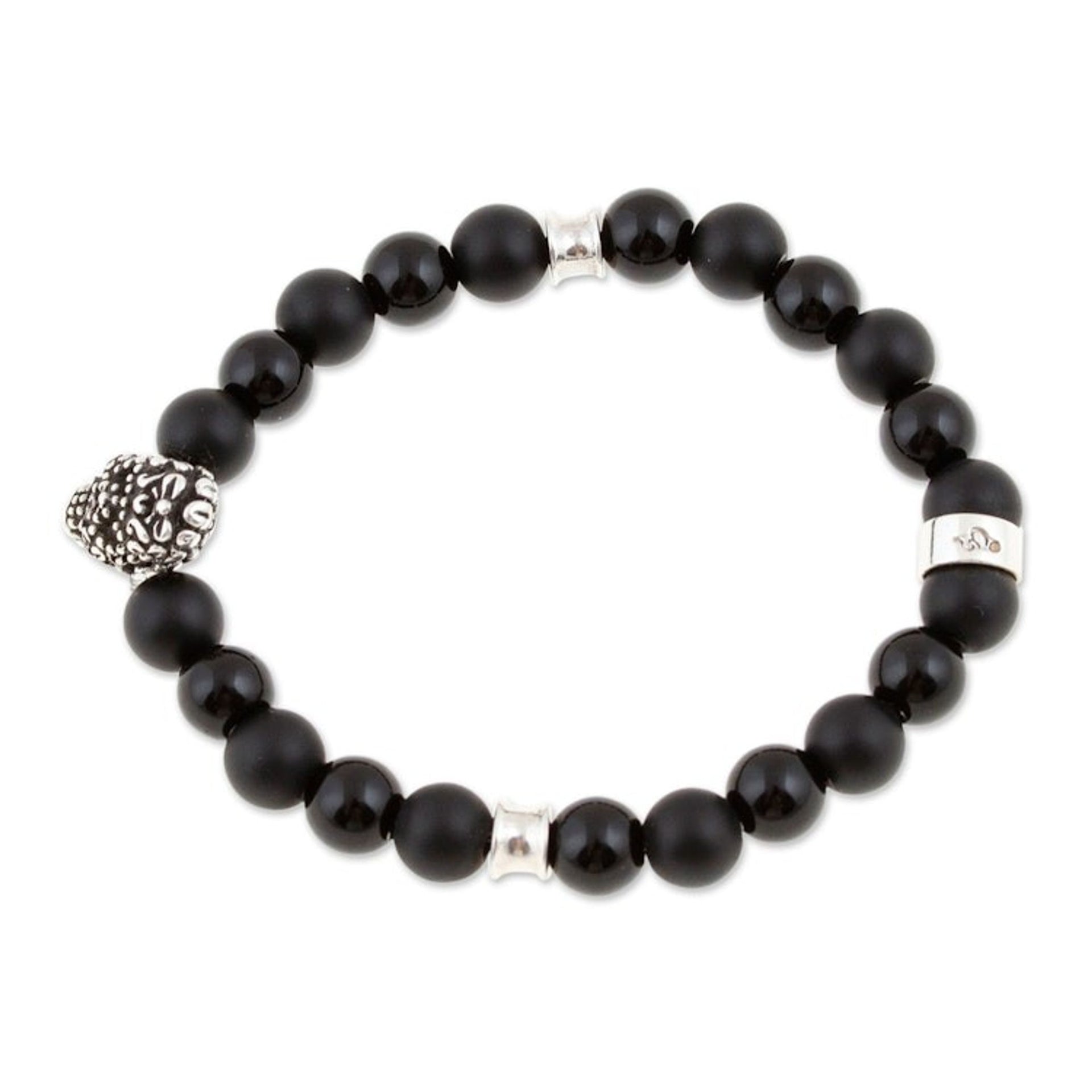 Men's Onyx Stretch Bracelet with Taxco Silver Skull Pendant 'Enchanted Skull'