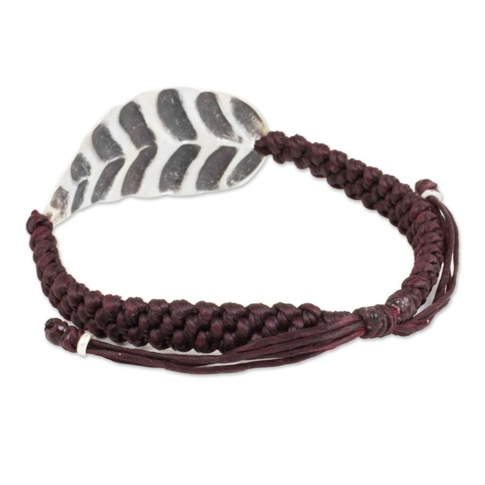 Hill Tribe Jewelry Silver Leaf in Burgundy Cord Bracelet 'Turn a New Burgundy Leaf'
