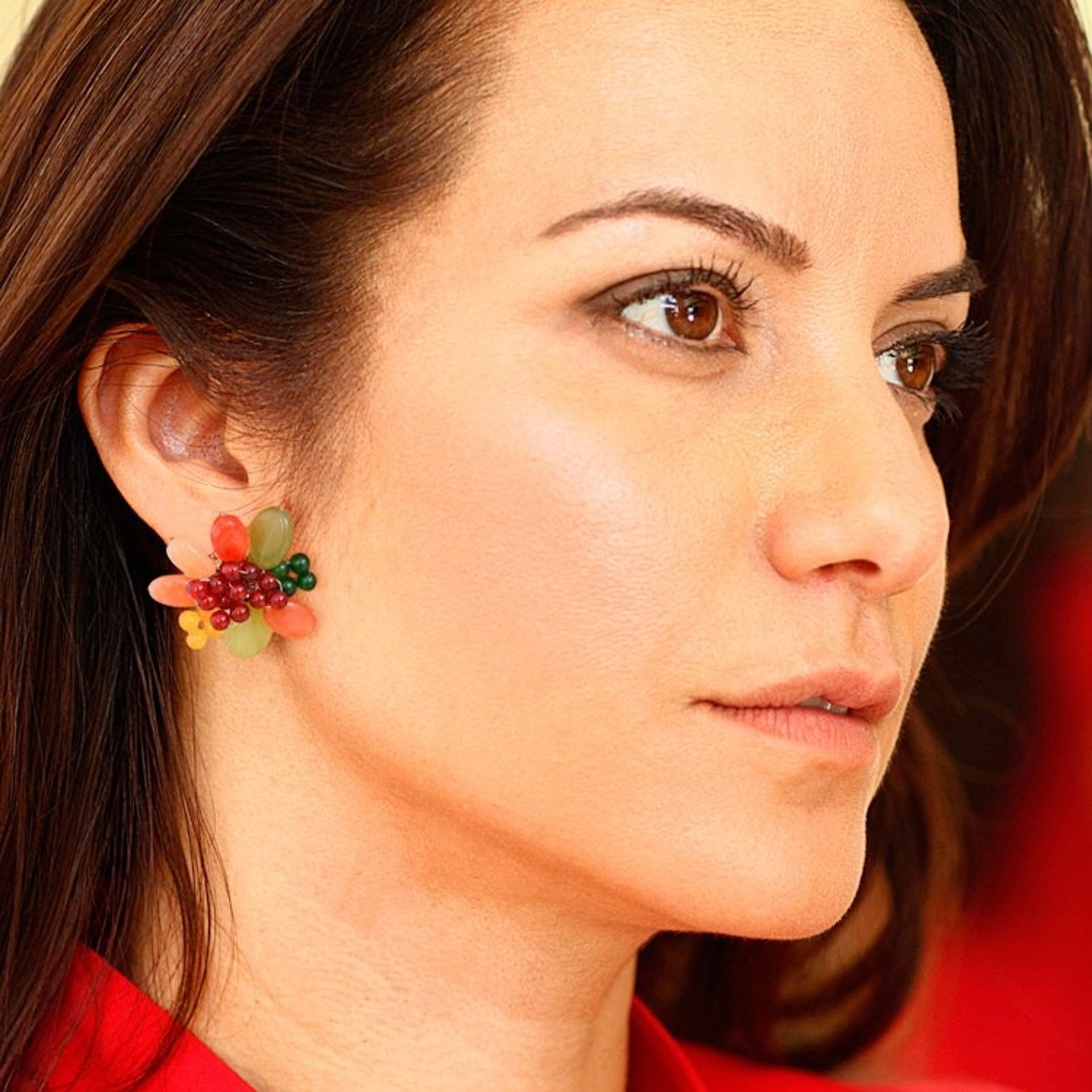 Red and Green Floral Quartz and Serpentine Clip-On Earrings 'Summer Petals'