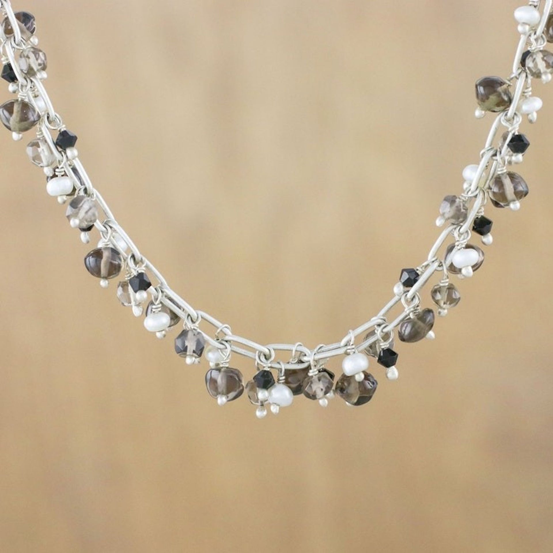 Smoky Quartz and Pearl Beaded Necklace from Thailand 'Thai Magic'