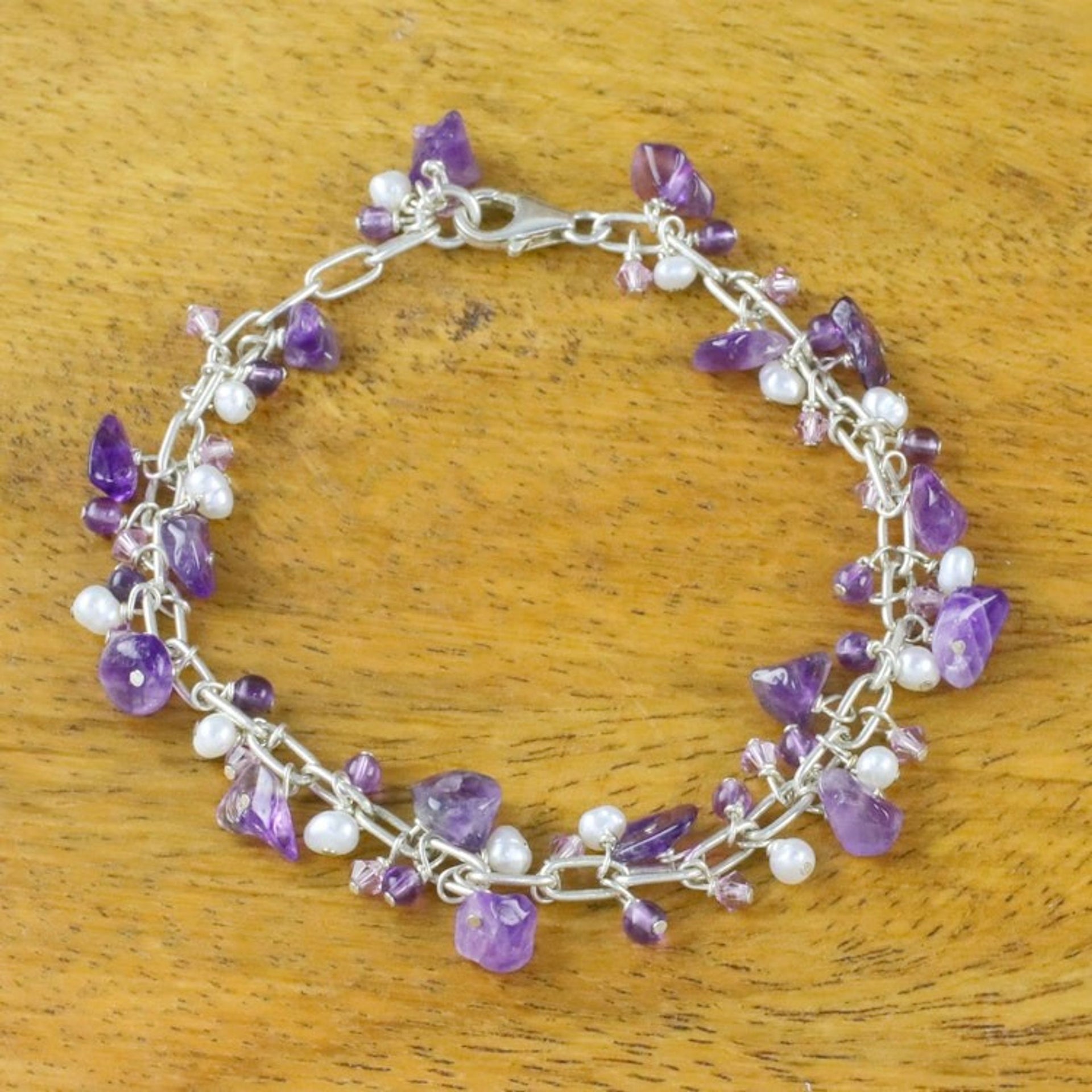 Amethyst and Cultured Pearl Beaded Bracelet from Thailand 'Violet Dream'