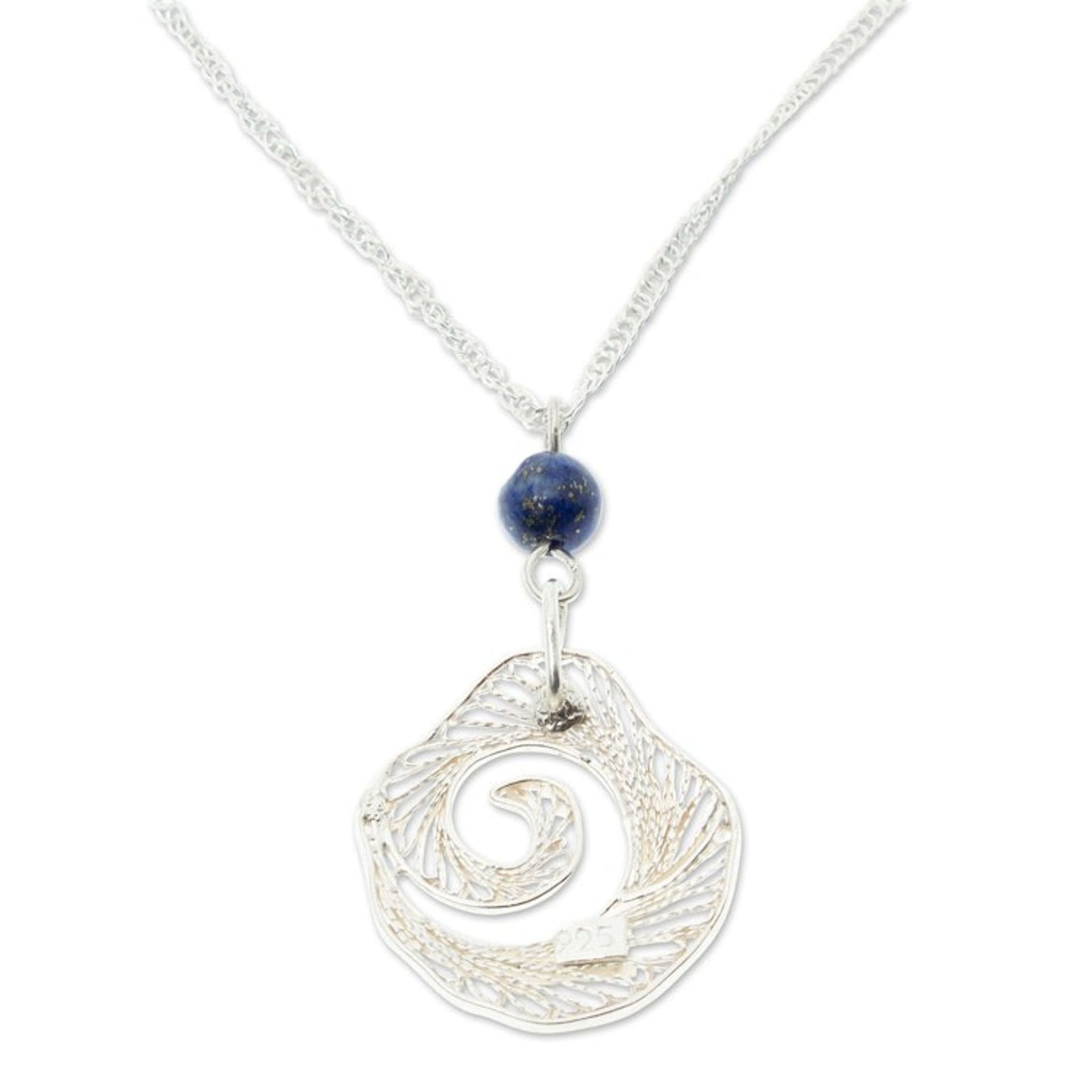 Lapis Lazuli Filigree Pendant Necklace in Conch Design 'Spiral Evolution'