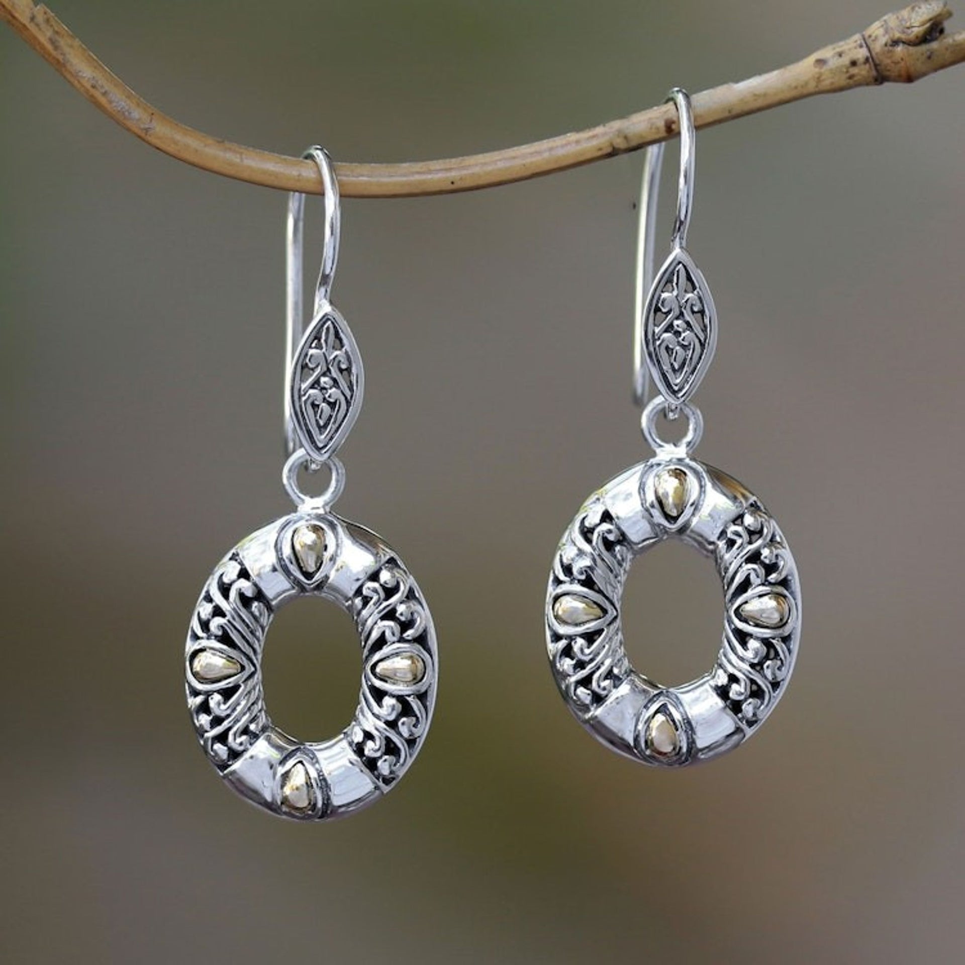 Gold Accent Sterling Silver Oval Floral Dangle Earrings 'Exotic Wreath'