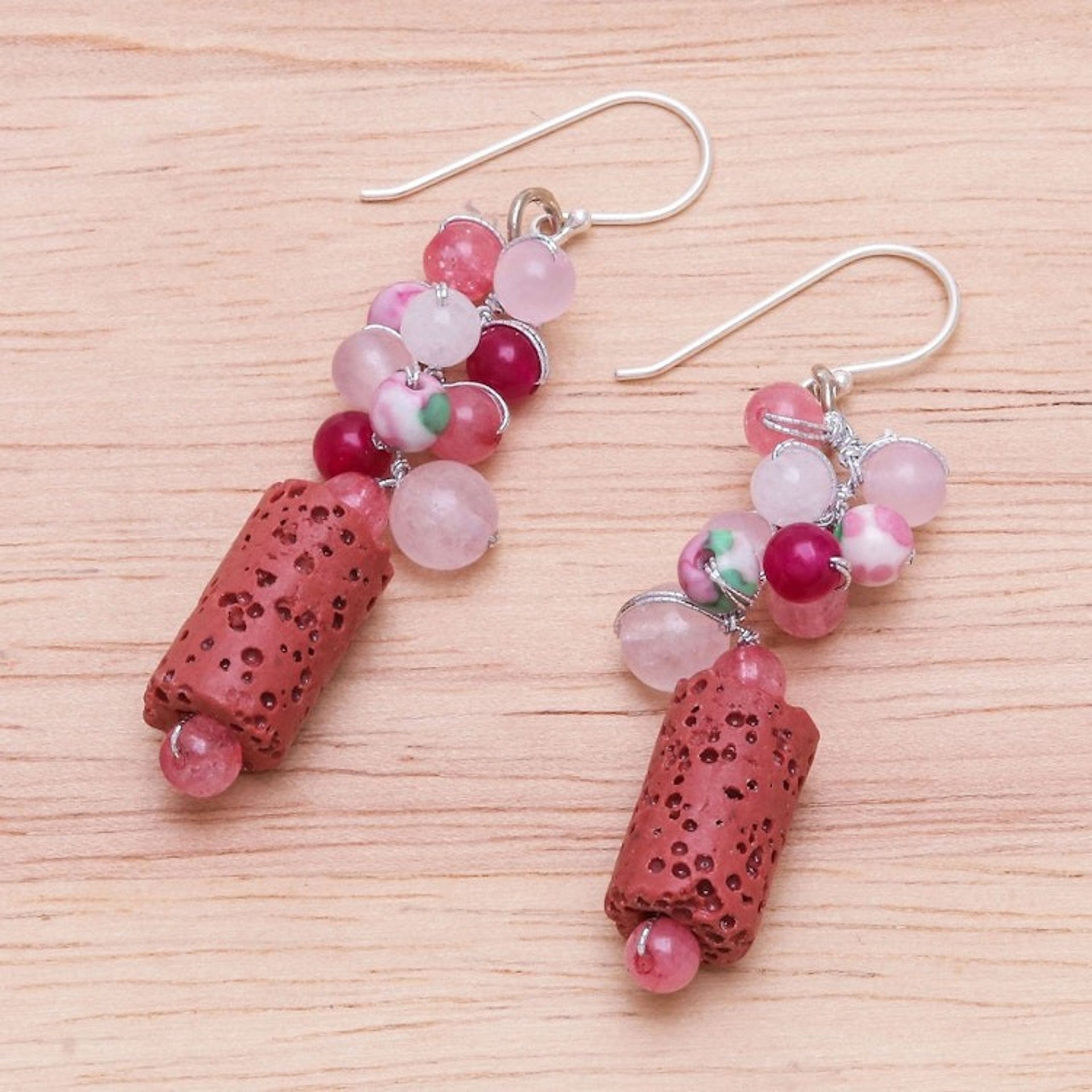 Pink Agate Quartz Bead Cluster Lava Stone Dangle Earrings 'Sweetness in Nature'