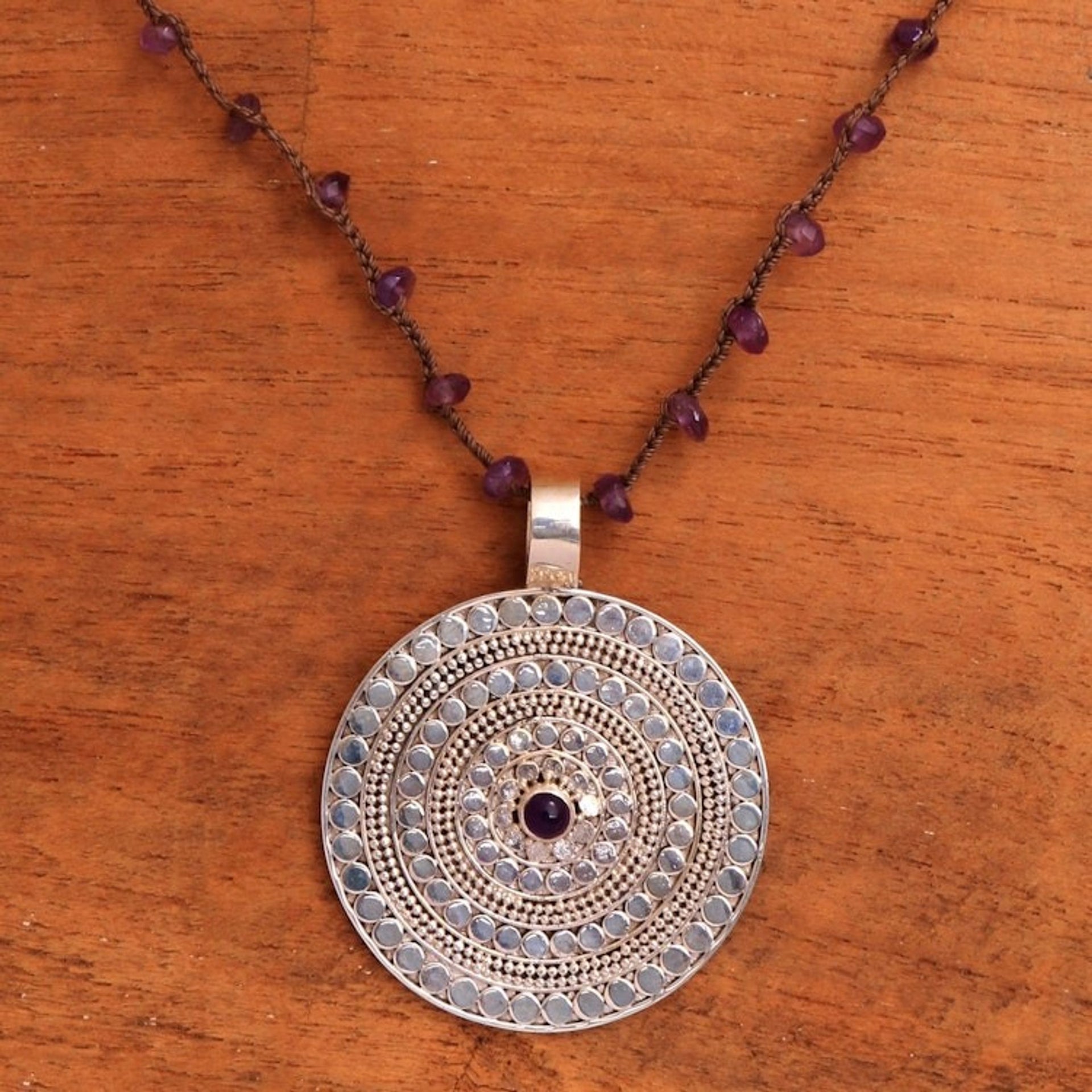 Amethyst and Sterling Silver Pendant Necklace from Bali 'Purple Shield'