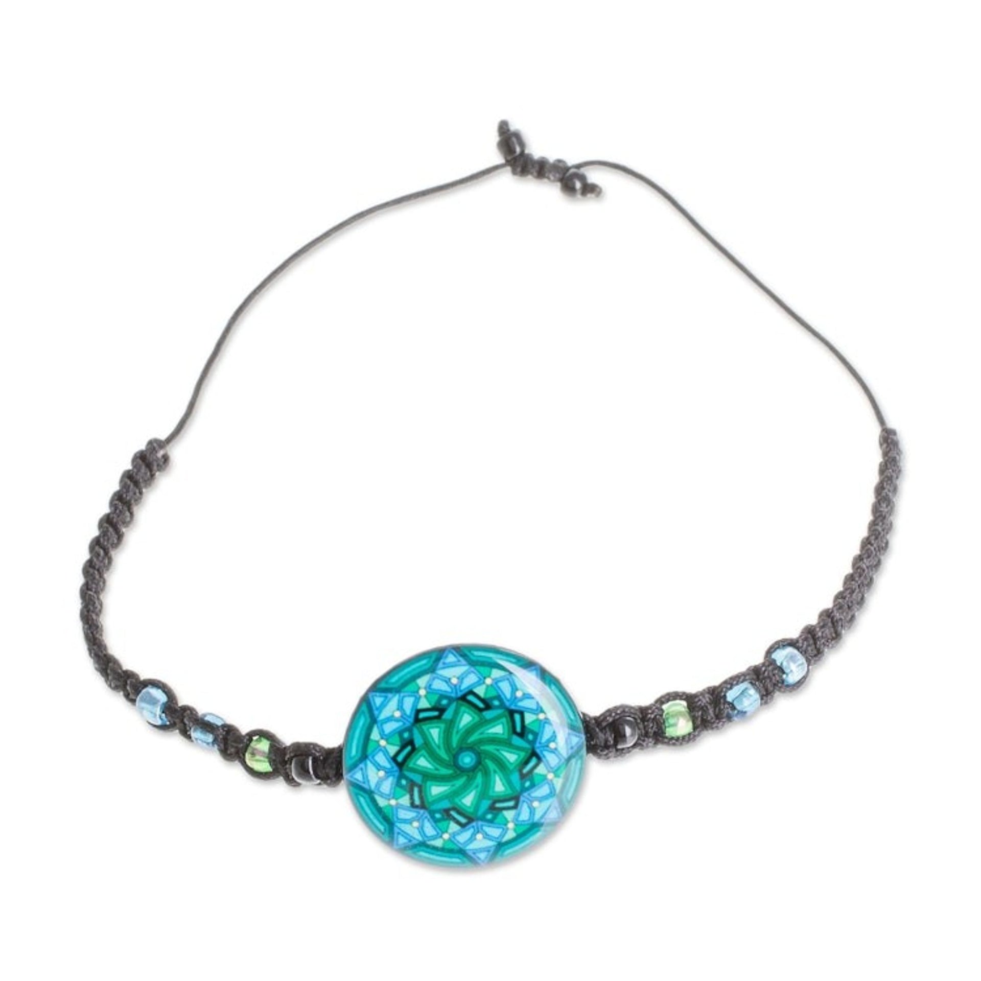 Spiral Motif Glass Beaded Macrame Pendant Bracelet 'Mesmerizing Skies'