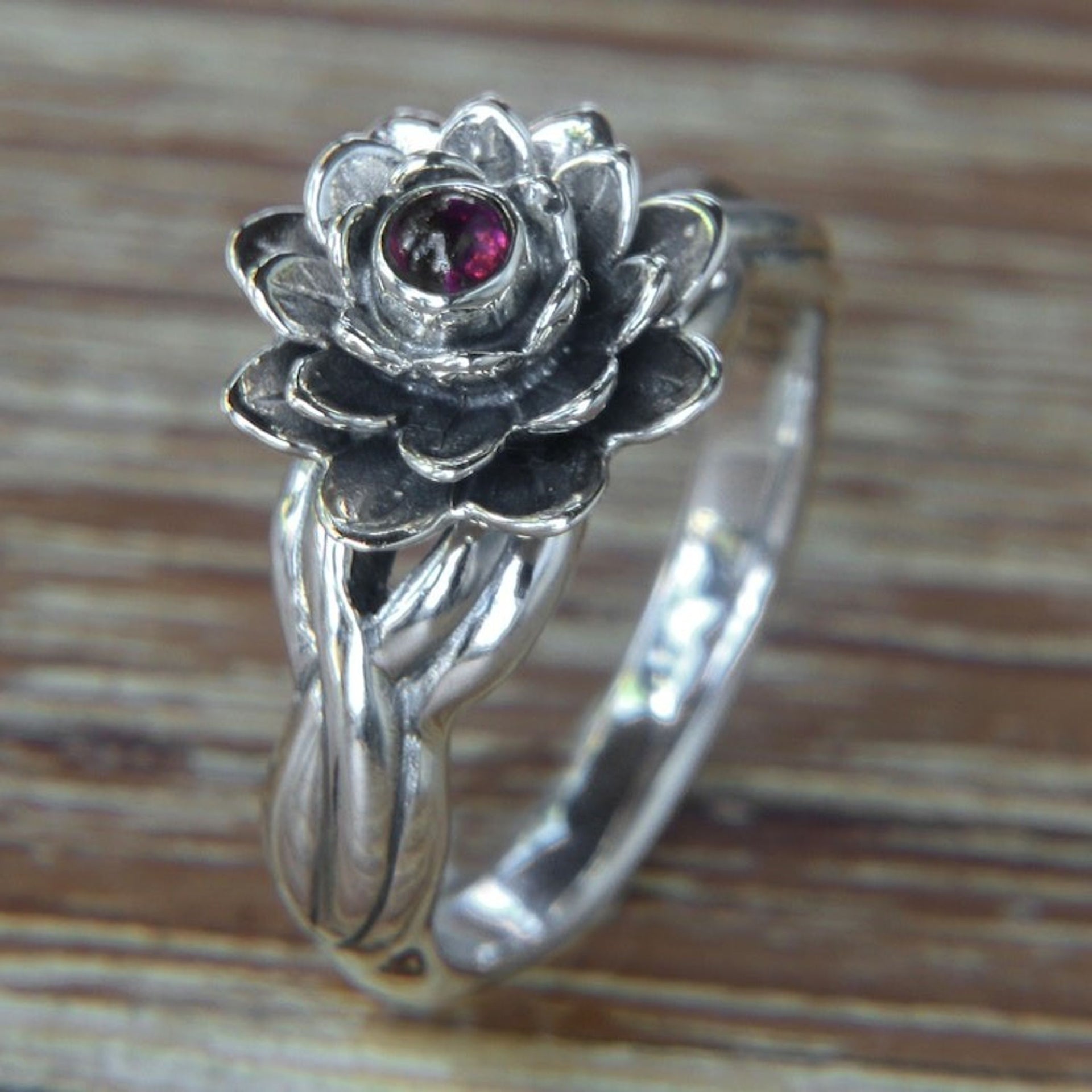 Handcrafted Floral Sterling Silver and Garnet Ring 'Red-Eyed Lotus'