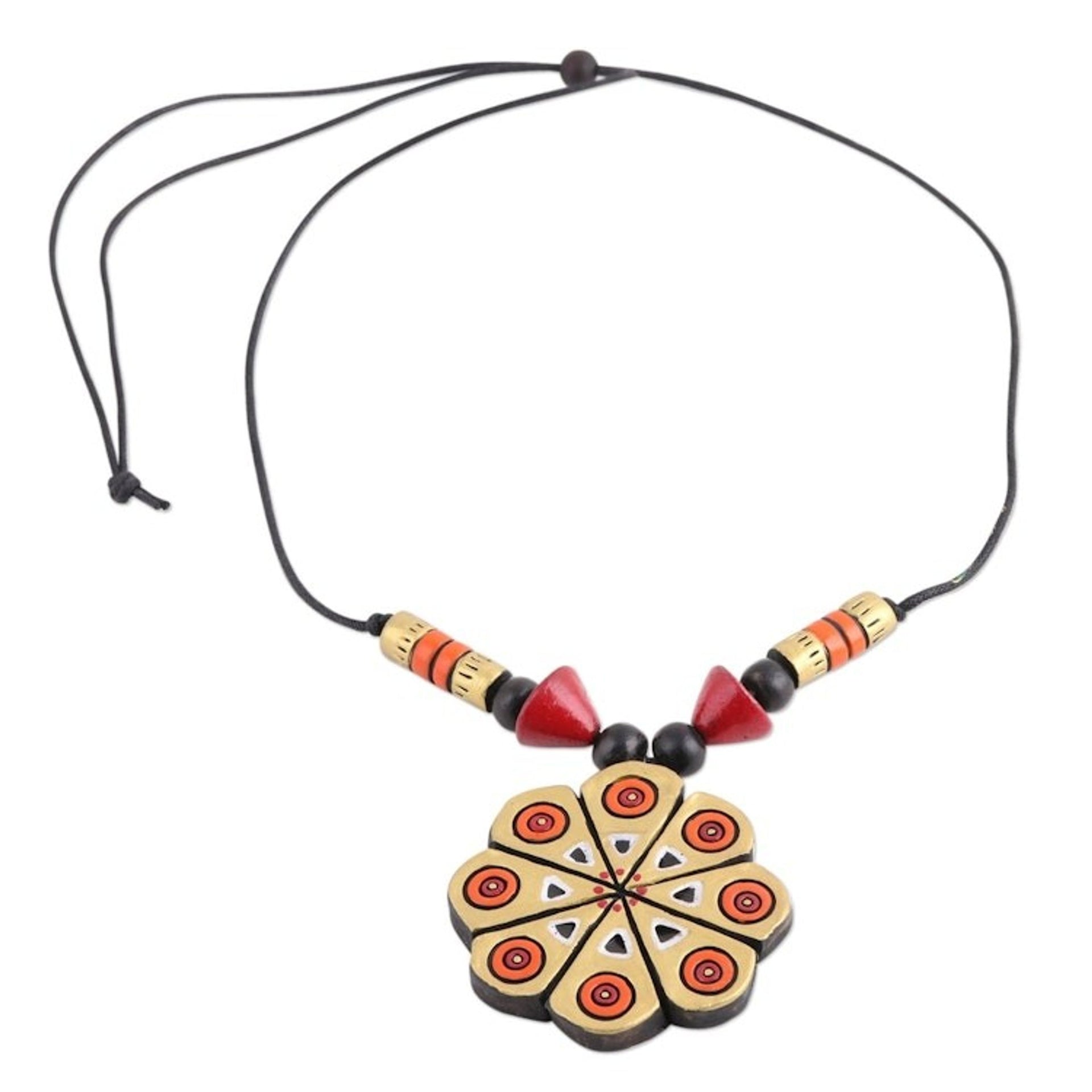 Hand Crafted Ceramic Pendant Necklace from India 'Golden Floral Abstraction'