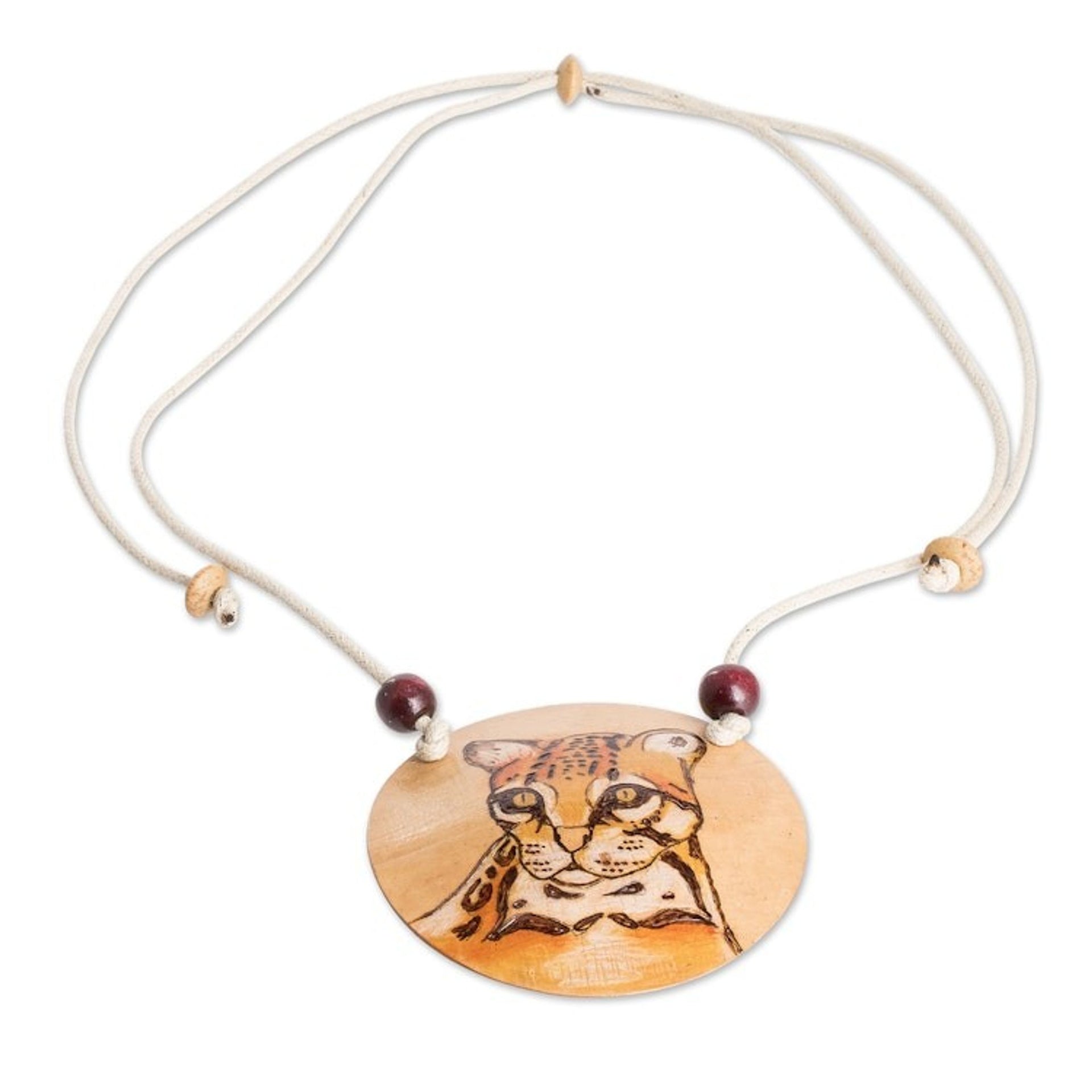 Hand-Painted Calabash Gourd Ocelot Pendant Necklace 'Spirit Portrayal'