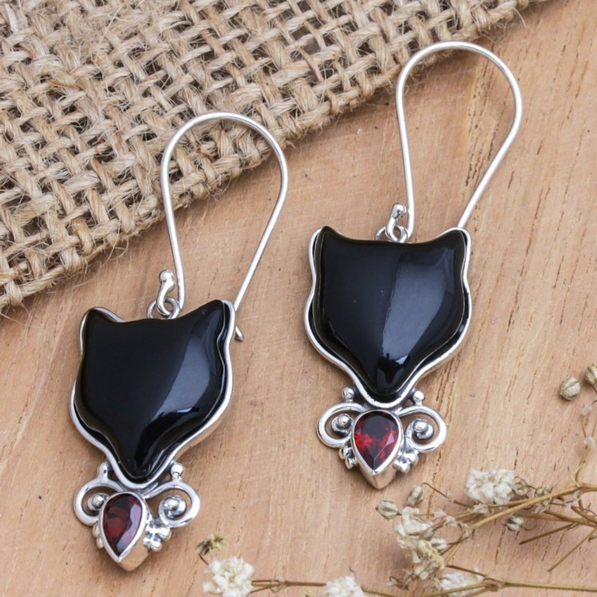 Horn Garnet Sterling Silver Cat Dangle Earrings from Bali 'Abstract Cats'