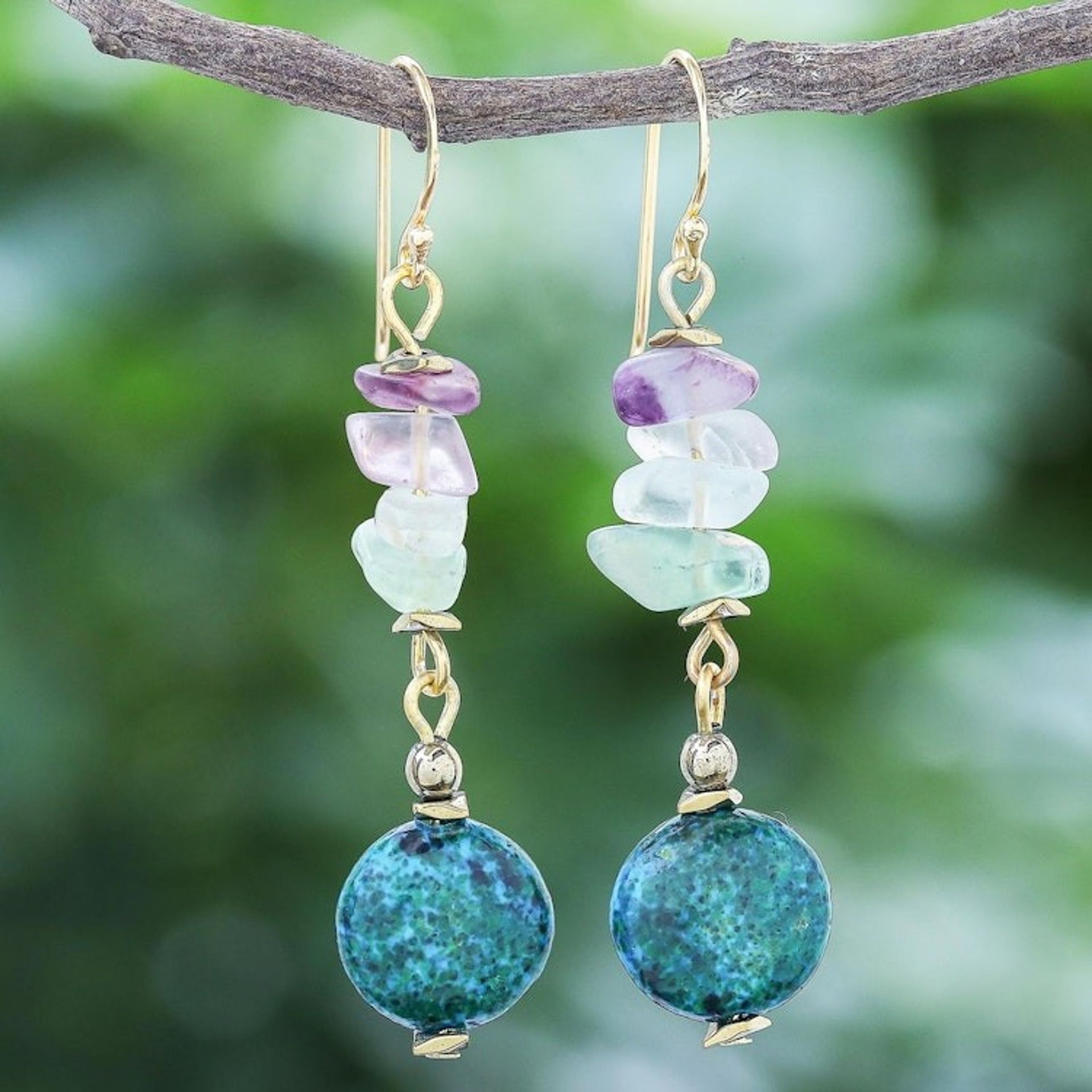 Hand Made Gold-Plated Multi-Gemstone Dangle Earrings 'Venus Garden'