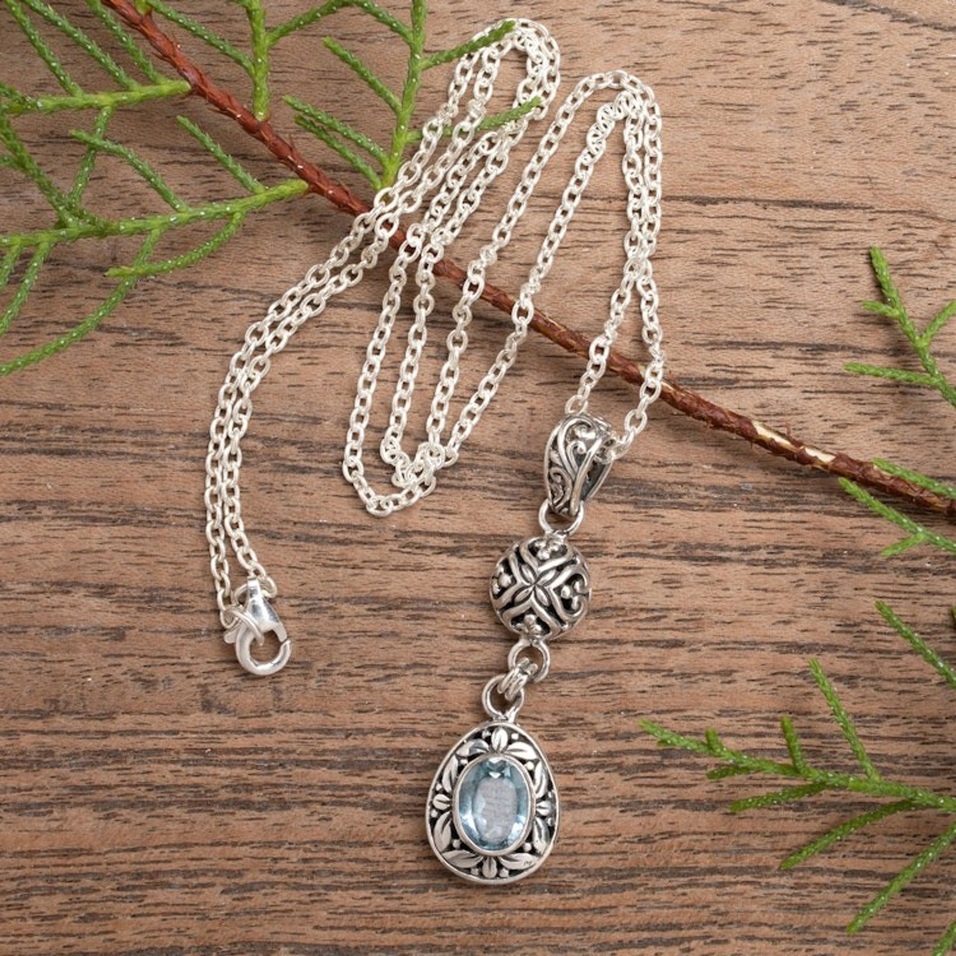 Sterling Silver Blue Topaz Pendant Necklace with Leaf Motifs 'Loyal Summer'