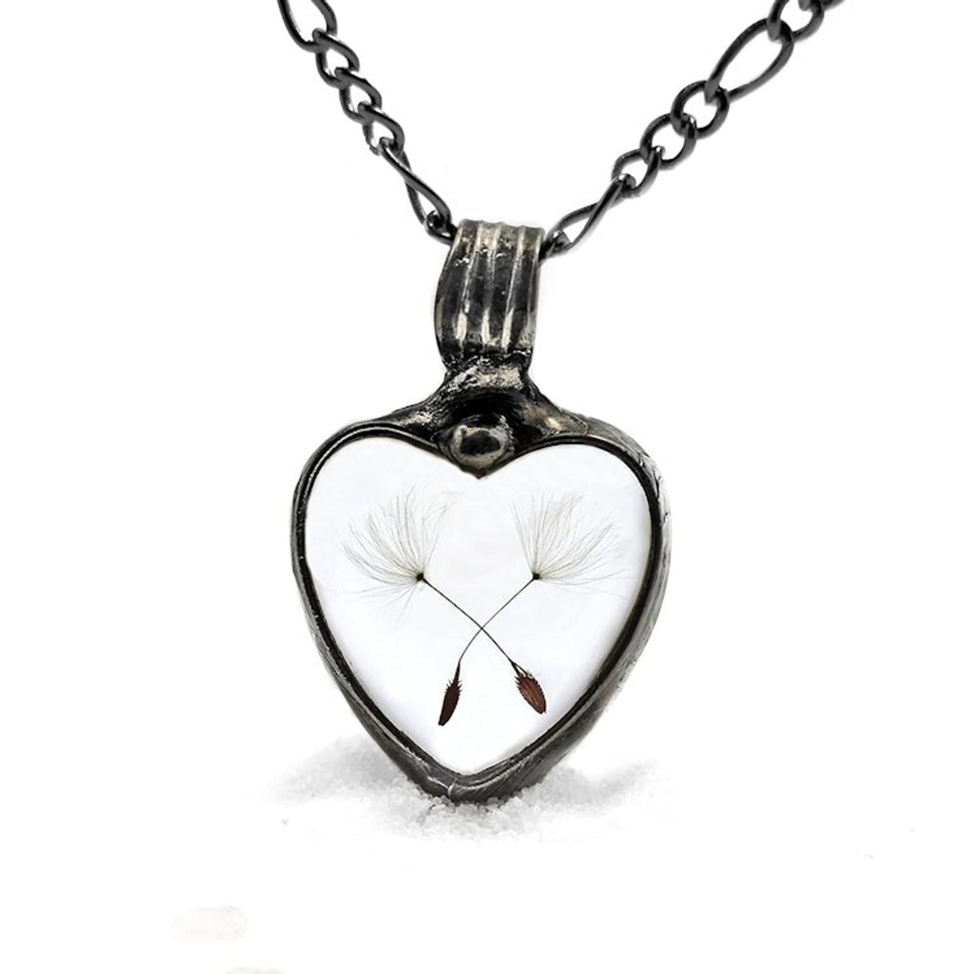 Dandelion Seed Heart Pendant Necklace for Women, Stained Glass Terrarium Jewelry