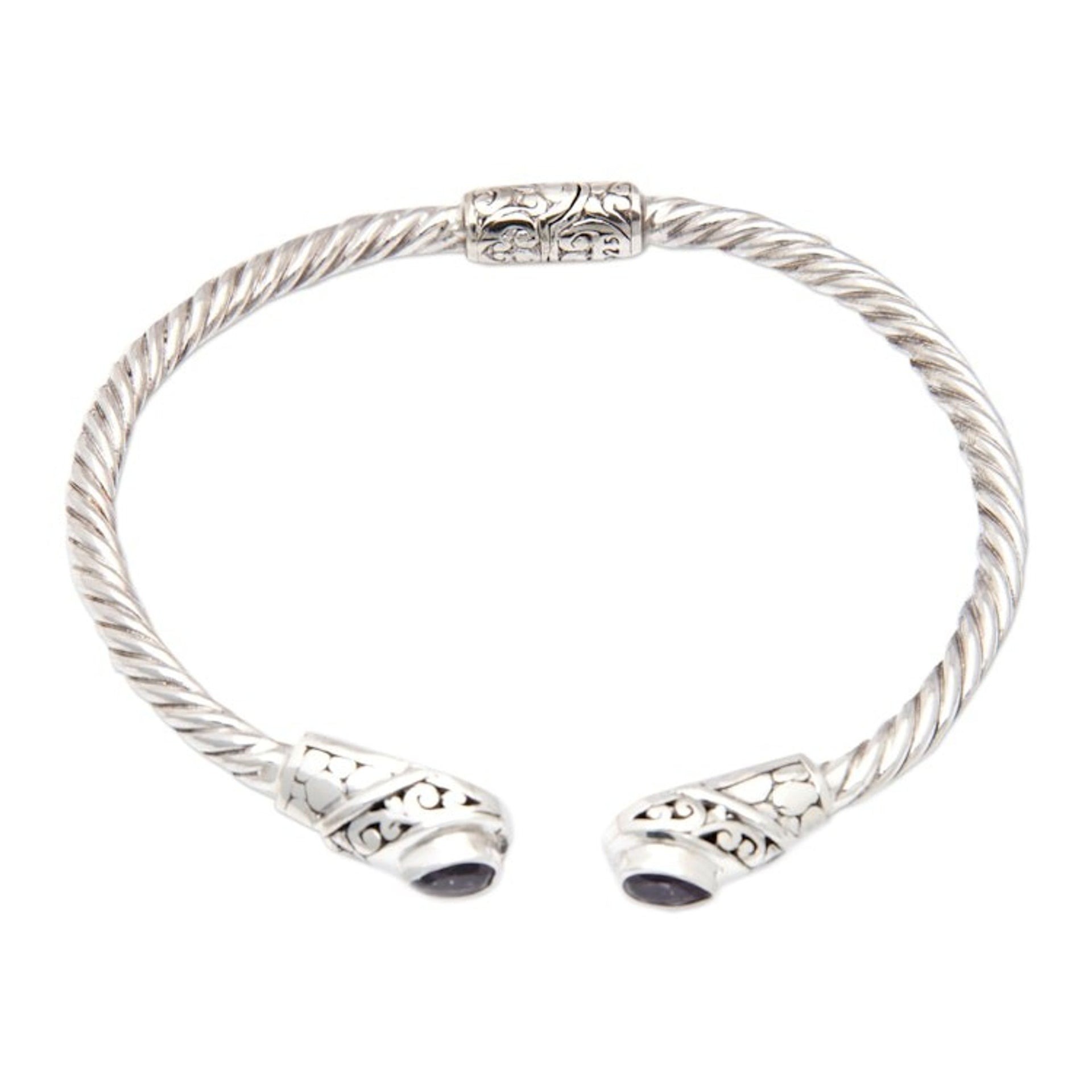 Balinese Sterling Silver Cuff Bracelet with Amethyst Gems 'Spiritual Fates'