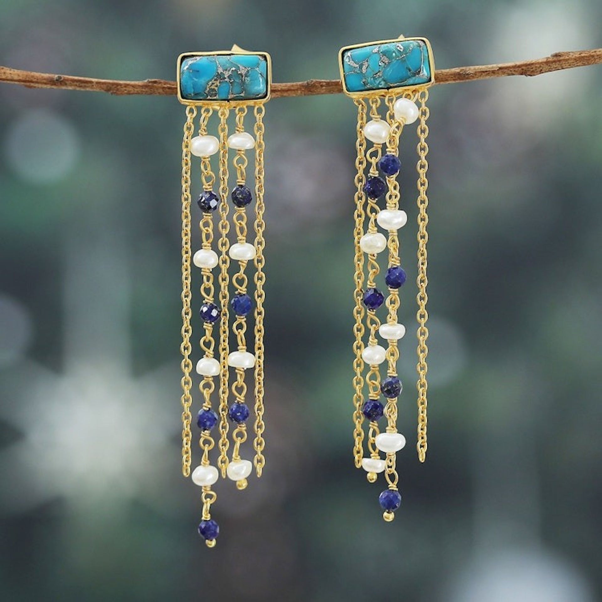 18k Gold-Plated Lapis Lazuli and Pearl Waterfall Earrings 'Cascade Splendor'